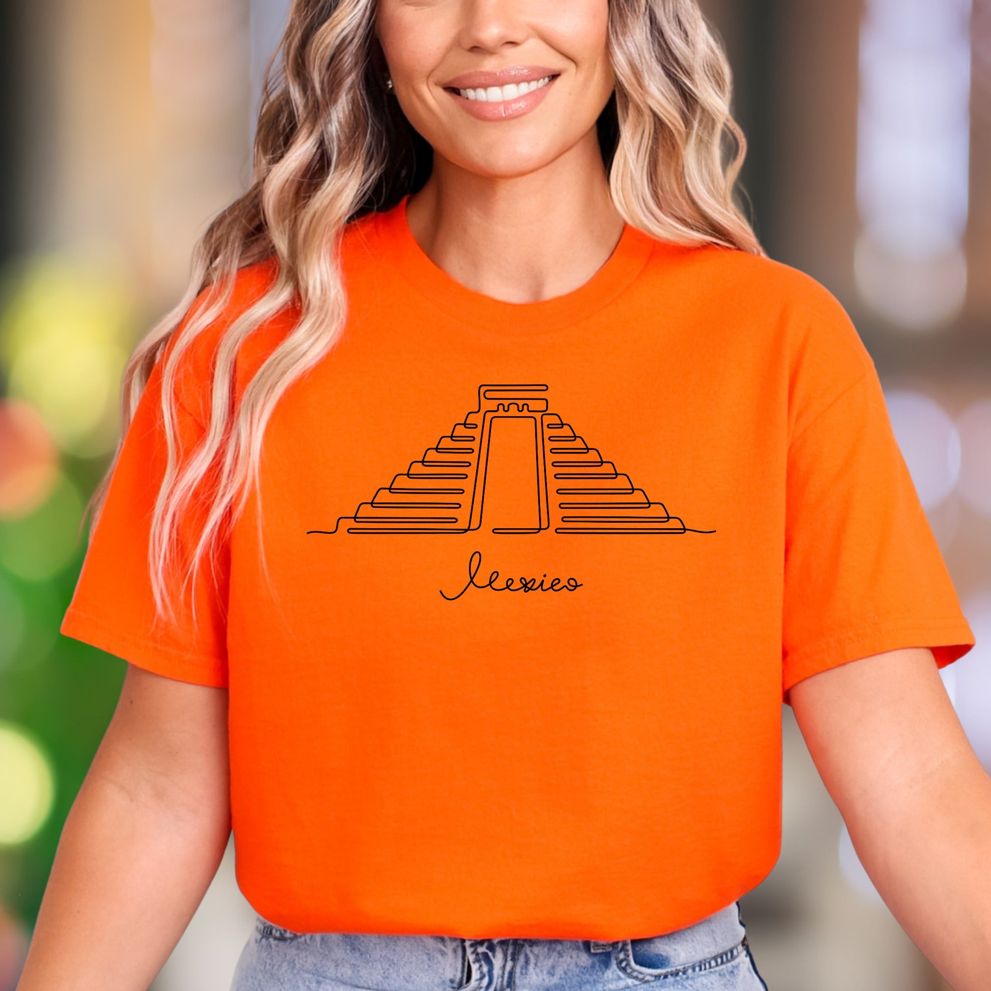 "Mexico" | Minimal Outline Aztec Pyramid Unisex Adult T-Shirt | Travel & Culture Lifestyle