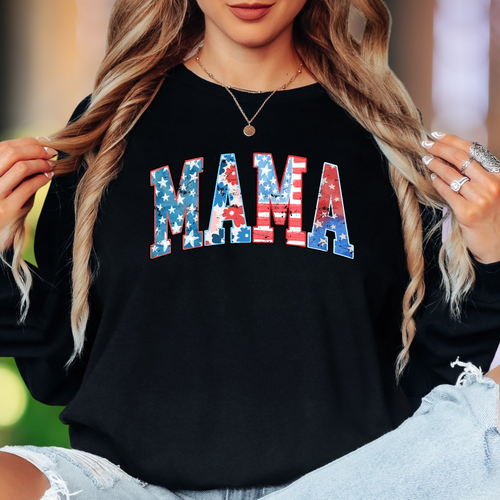 "MAMA" | Distressed Grunge Patriotic Unisex Adult Long Sleeve T-Shirt | Motherhood Lifestyle