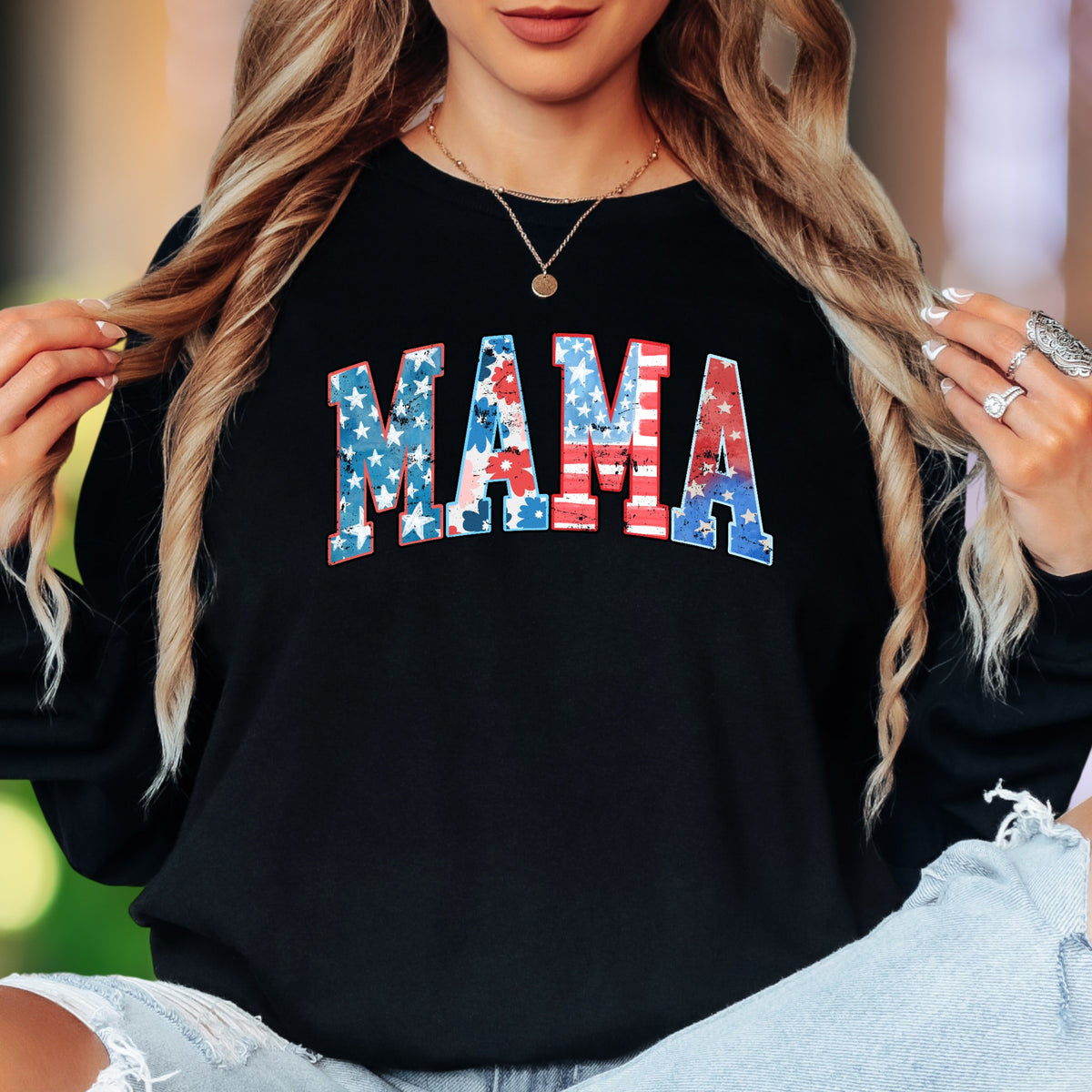 "MAMA" | Distressed Grunge Patriotic Unisex Adult Long Sleeve T-Shirt | Motherhood Lifestyle