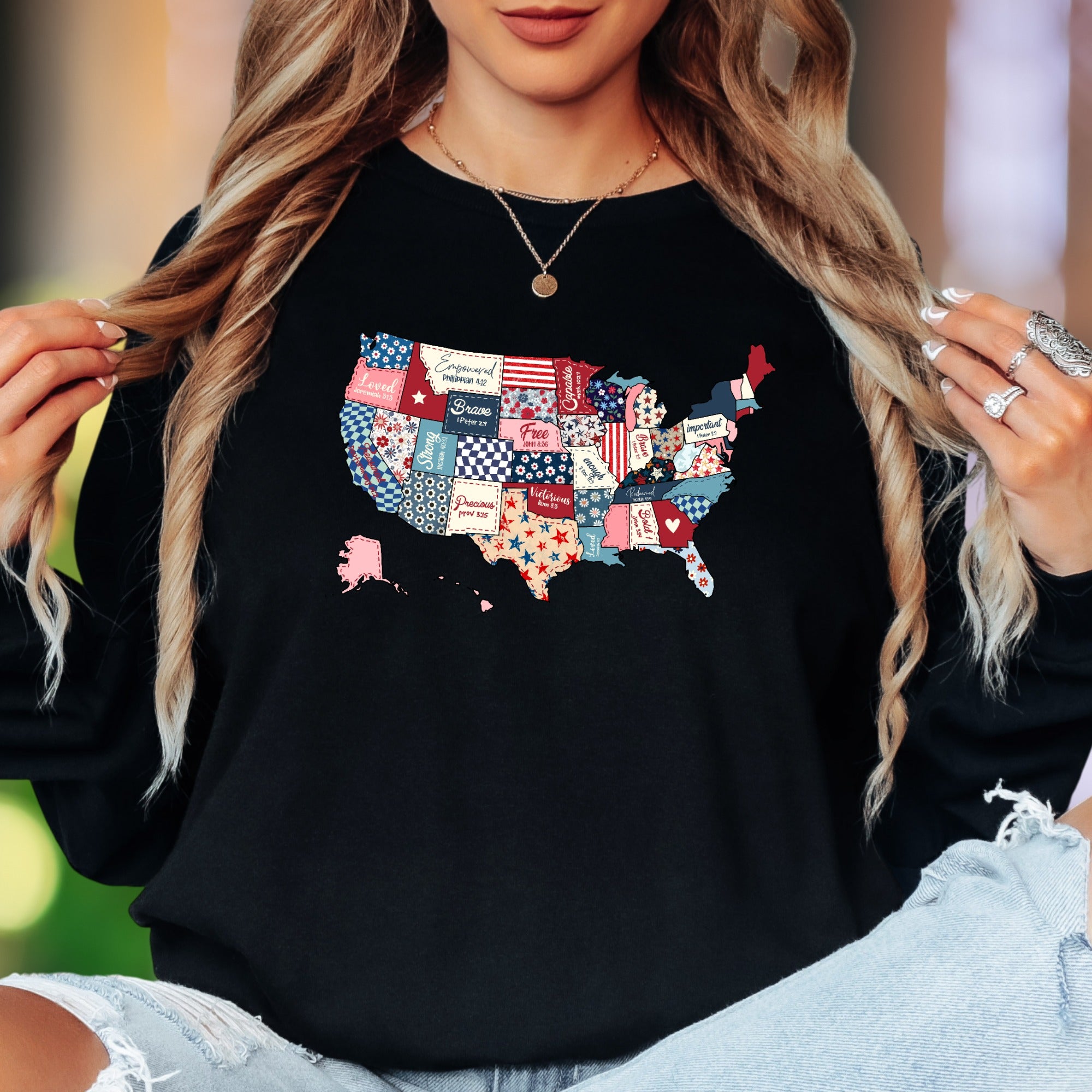 “Empowered Capable Brave Free Loved Strong Precious Victorious Redeemed Important Bold” | Vintage Patchwork Unisex Adult Long Sleeve T-Shirt | Faith-Inspired Lifestyle