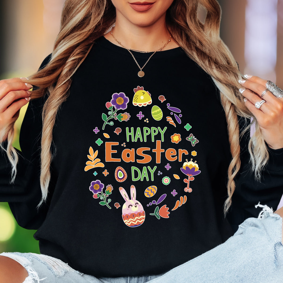 "Happy Easter Day" | Festive Graphic Unisex Adult Long Sleeve T-Shirt | Holiday Celebration