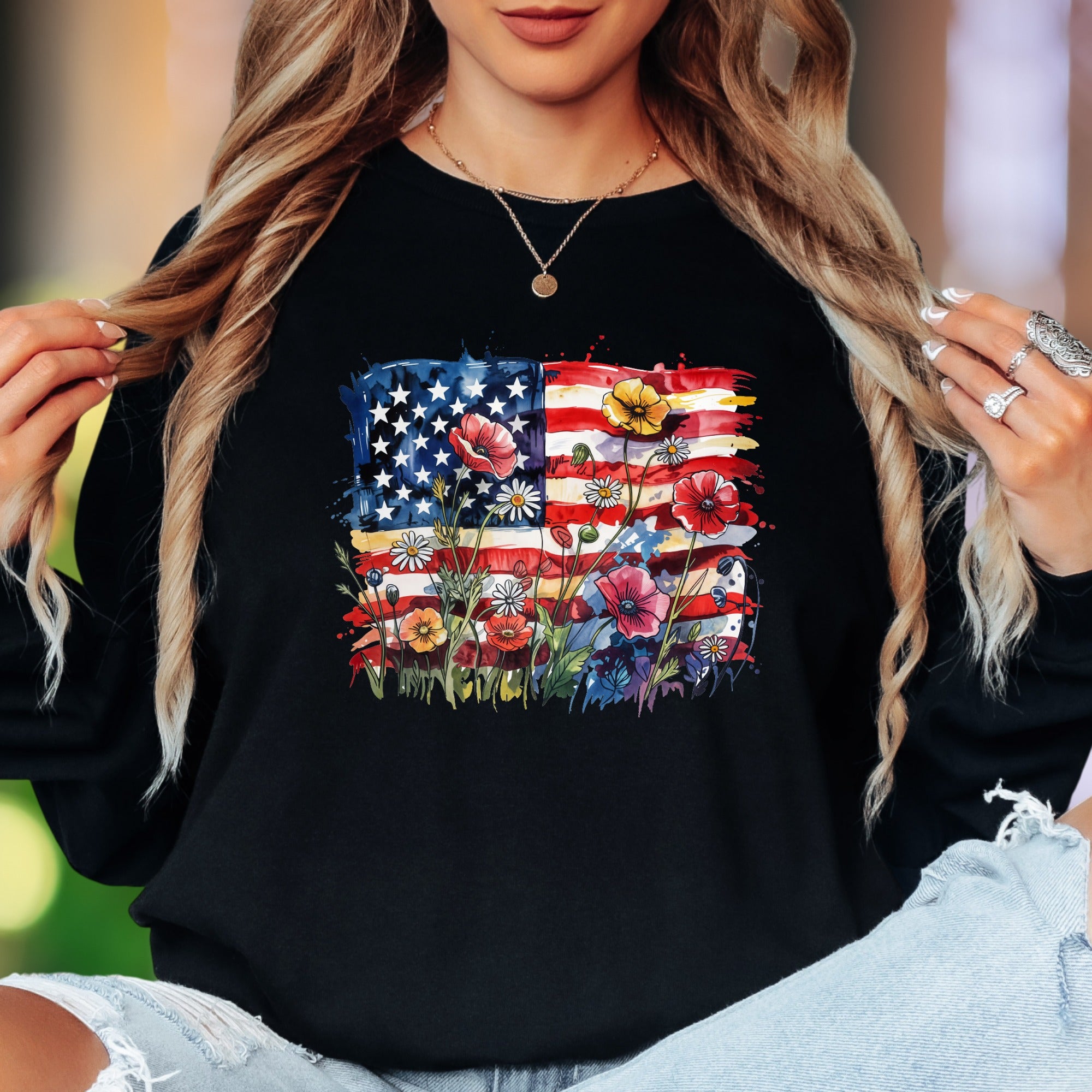 "Abstract Floral Flag" | Watercolor Nature Unisex Adult Long Sleeve T-Shirt | Patriotic Lifestyle