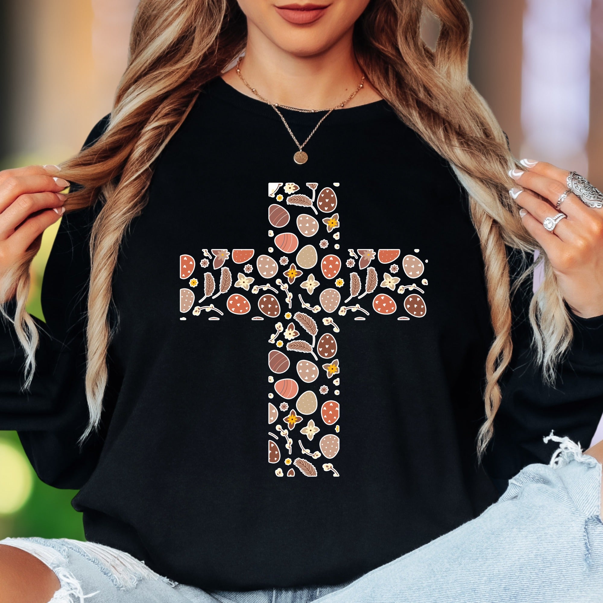 Easter Floral Egg Cross Long Sleeve Tee - Christian Spring Faith Adult Unisex T-Shirt