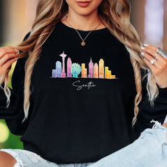 "Seattle" | Minimal Skyline Unisex Adult Long Sleeve T-Shirt | Colorful Cityscape