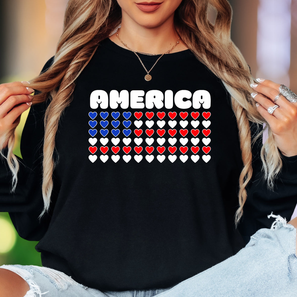"AMERICA" | Patriotic Heart Grid Unisex Adult Long Sleeve T-Shirt | Heritage Pride