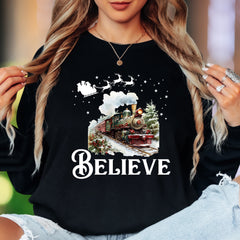 "Believe" | Christmas Train Illustration Unisex Adult Long Sleeve T-Shirt | Festive Holiday Wear