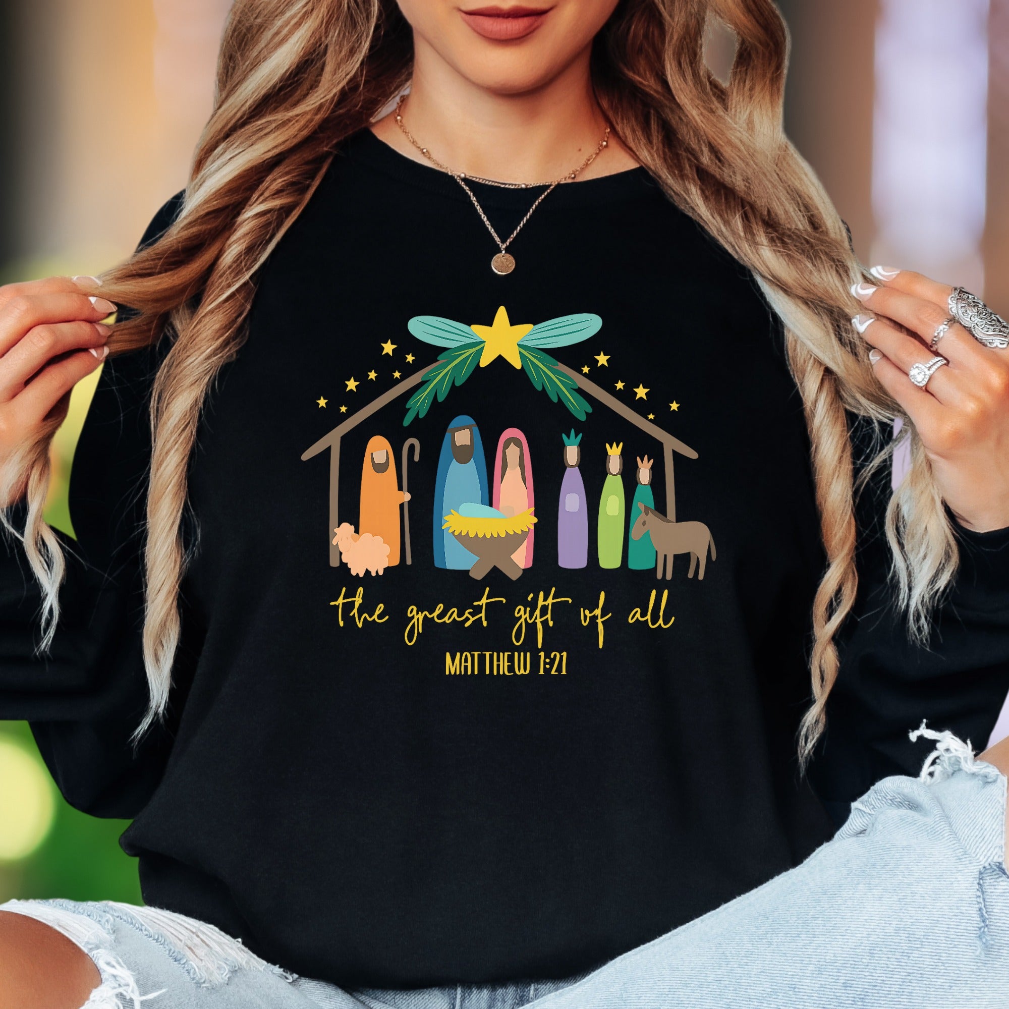 "The Greatest Gift Of All Matthew 1:21" | Nativity Scene Unisex Adult Long Sleeve T-Shirt | Festive Lifestyle