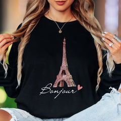 "Bonjour Eiffel Tower" | Parisian Sketch Unisex Adult Long Sleeve T-Shirt | Romantic Travel Lifestyle
