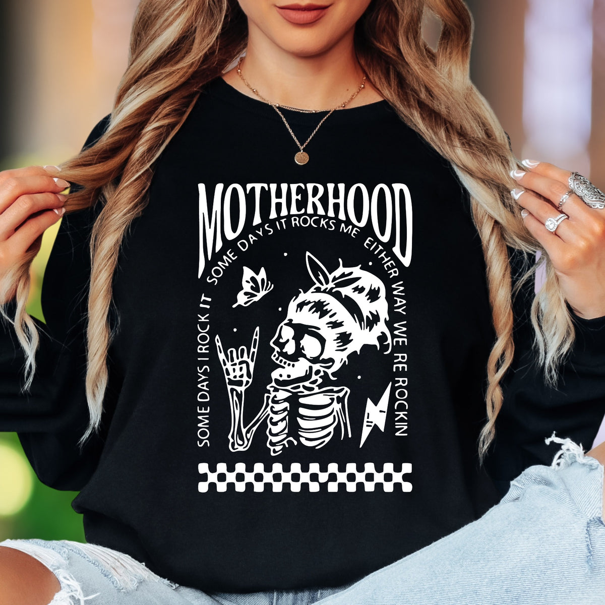 "Motherhood - Some Days I Rock It, Either Way We're Rockin'" | Illustrated Skull Unisex Adult Long Sleeve T-Shirt | Edgy Mom Life