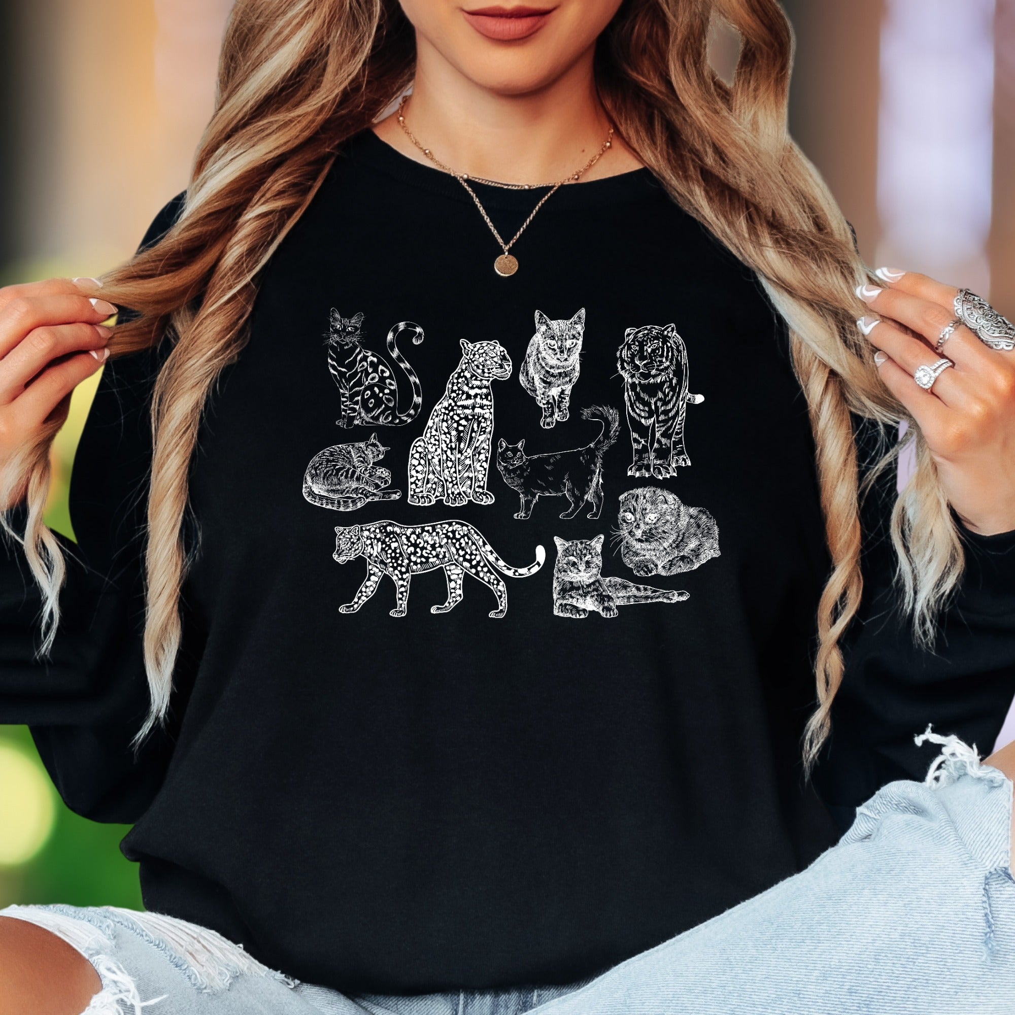 "Feline Friends" | Vintage Cat Illustration Unisex Adult Long Sleeve T-Shirt | Animal Lover Apparel