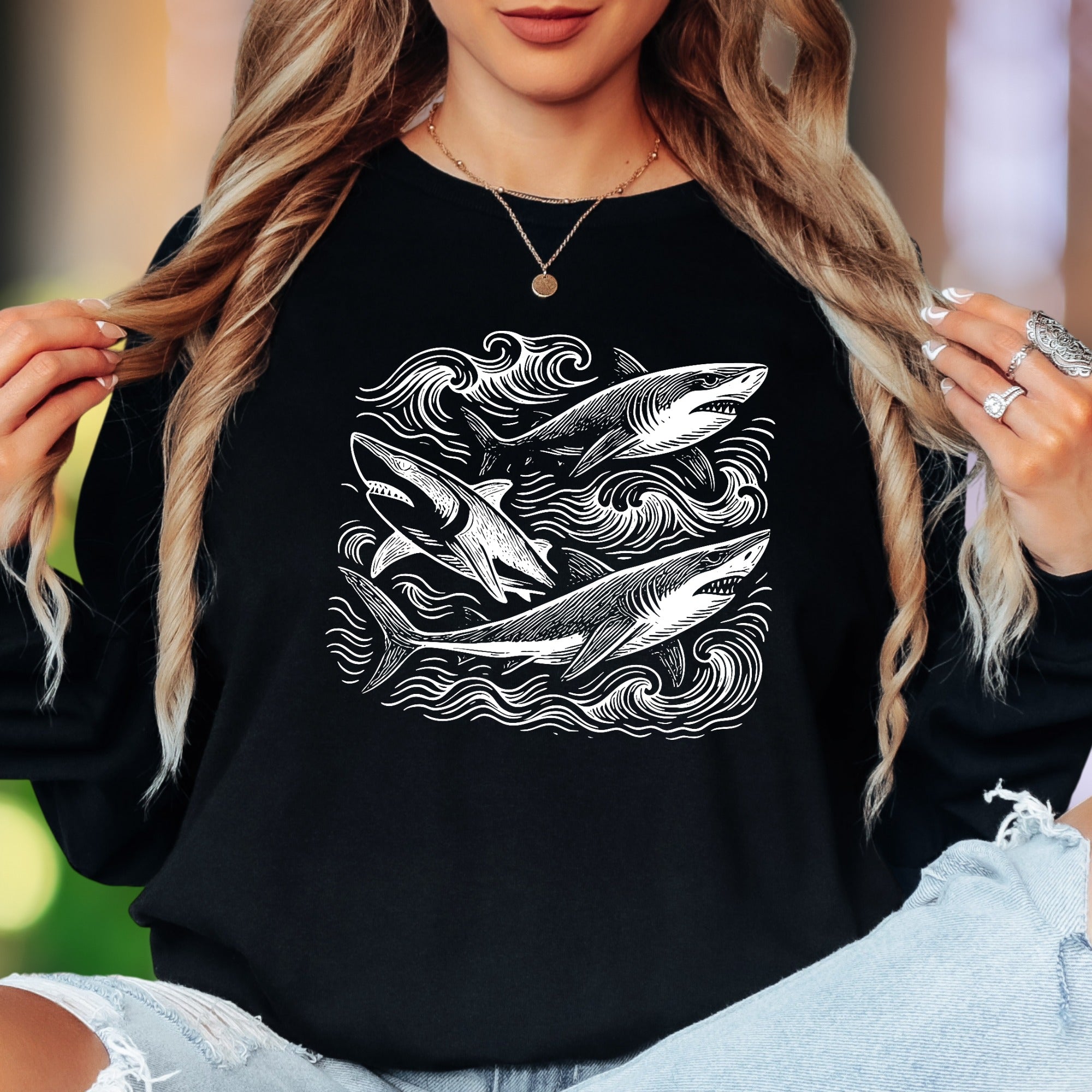Oceanic Shark Design | Nature Art Unisex Adult Long Sleeve T-Shirt | Marine Lifestyle