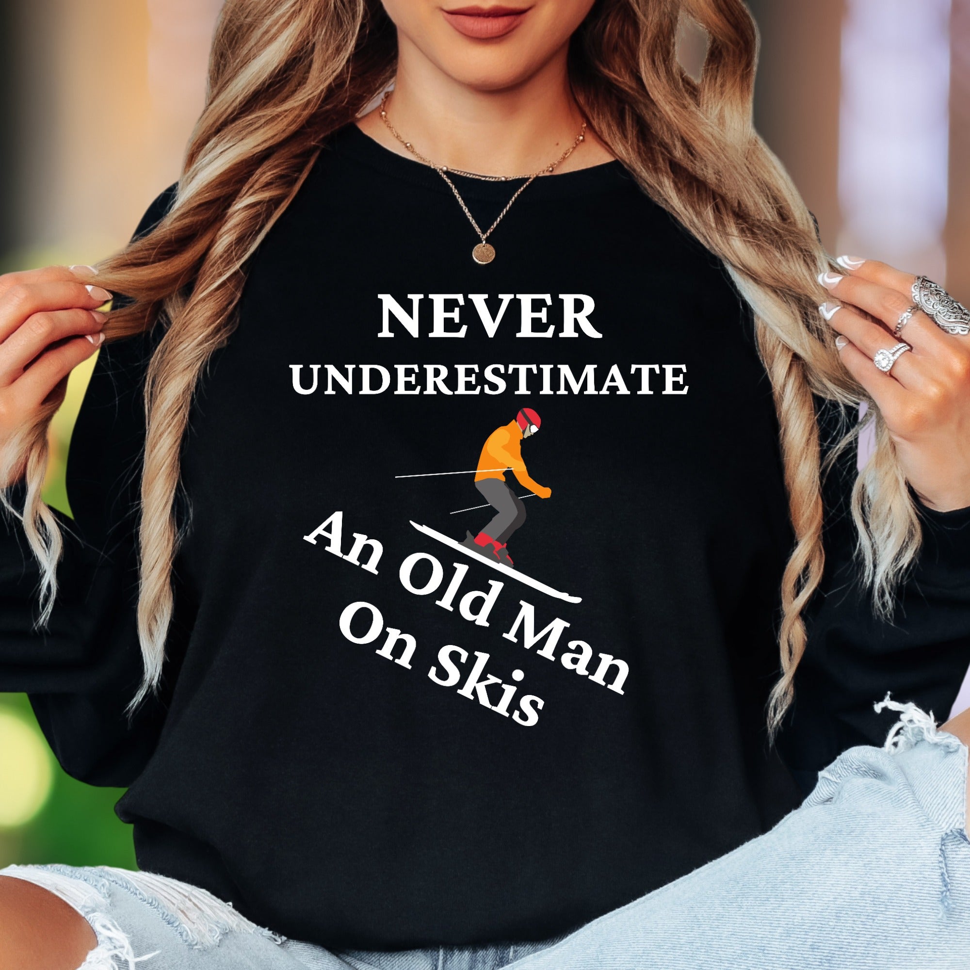 "Never Underestimate An Old Man On Skis" | Funny Illustrated Unisex Adult Long Sleeve T-Shirt | Skiing Humor Secondary image