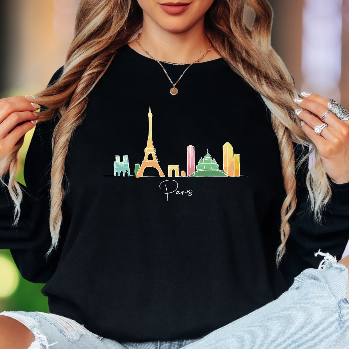"Paris" | Minimal Skyline Unisex Adult Long Sleeve T-Shirt | Travel & Lifestyle Apparel