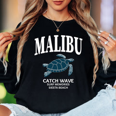 "MALIBU Catch Wave Surf Memories Siesta Beach" | Coastal Retro Unisex Adult Long Sleeve T-Shirt | Beach Lifestyle