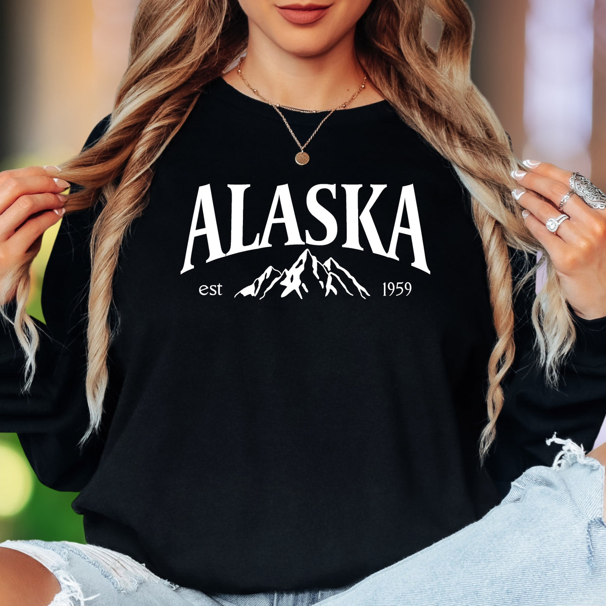 "Alaska Est 1959" | Vintage Mountain Unisex Adult Long Sleeve T-Shirt | Nature Inspired Apparel