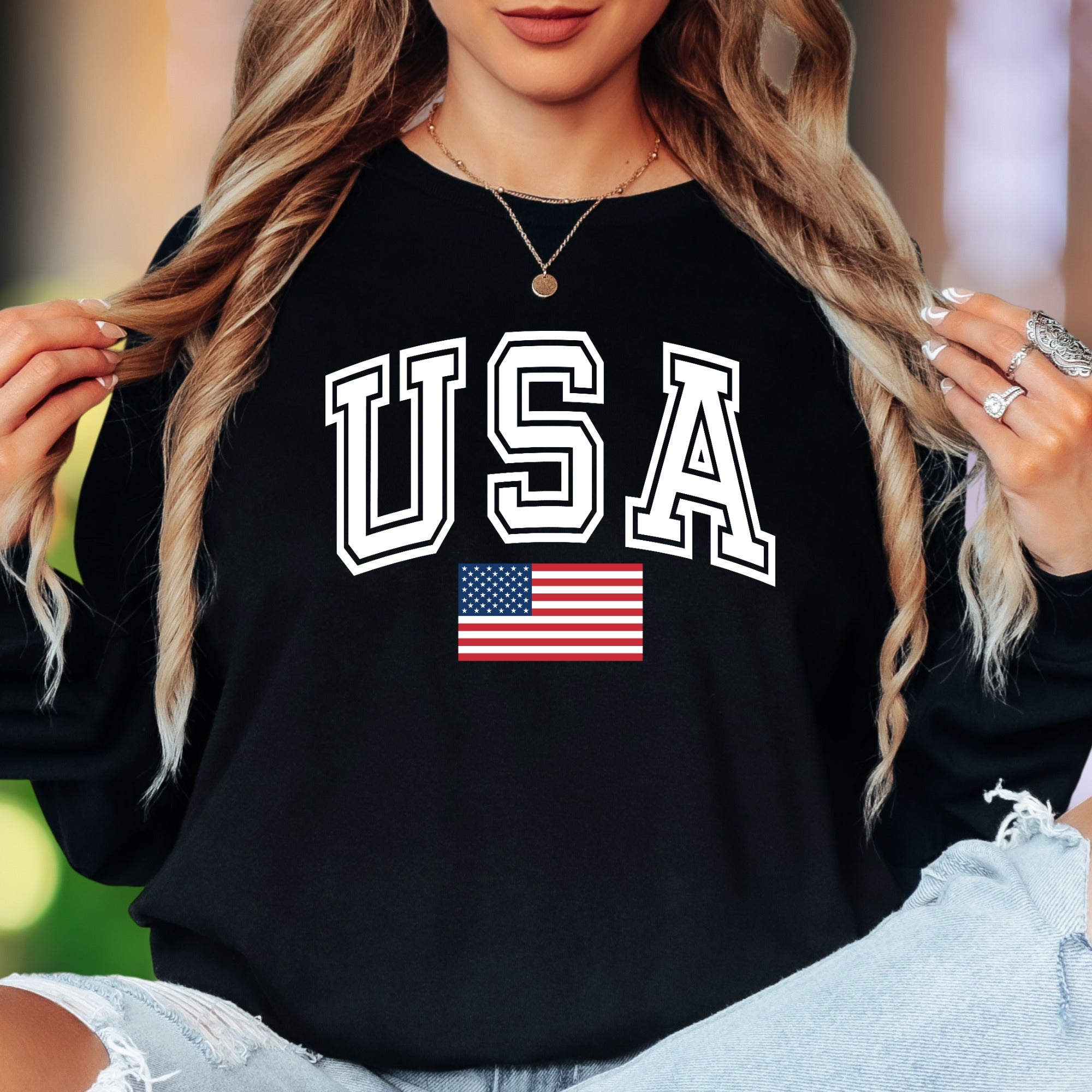 "USA" | Patriotic Bold Typography Unisex Adult Long Sleeve T-Shirt | American Pride Apparel