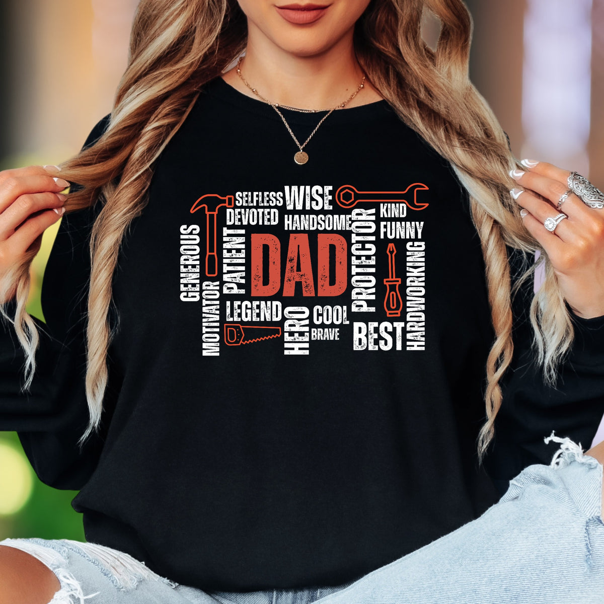 "DAD" Word Cloud | Typography Unisex Adult Long Sleeve T-Shirt | Father's Day Gift