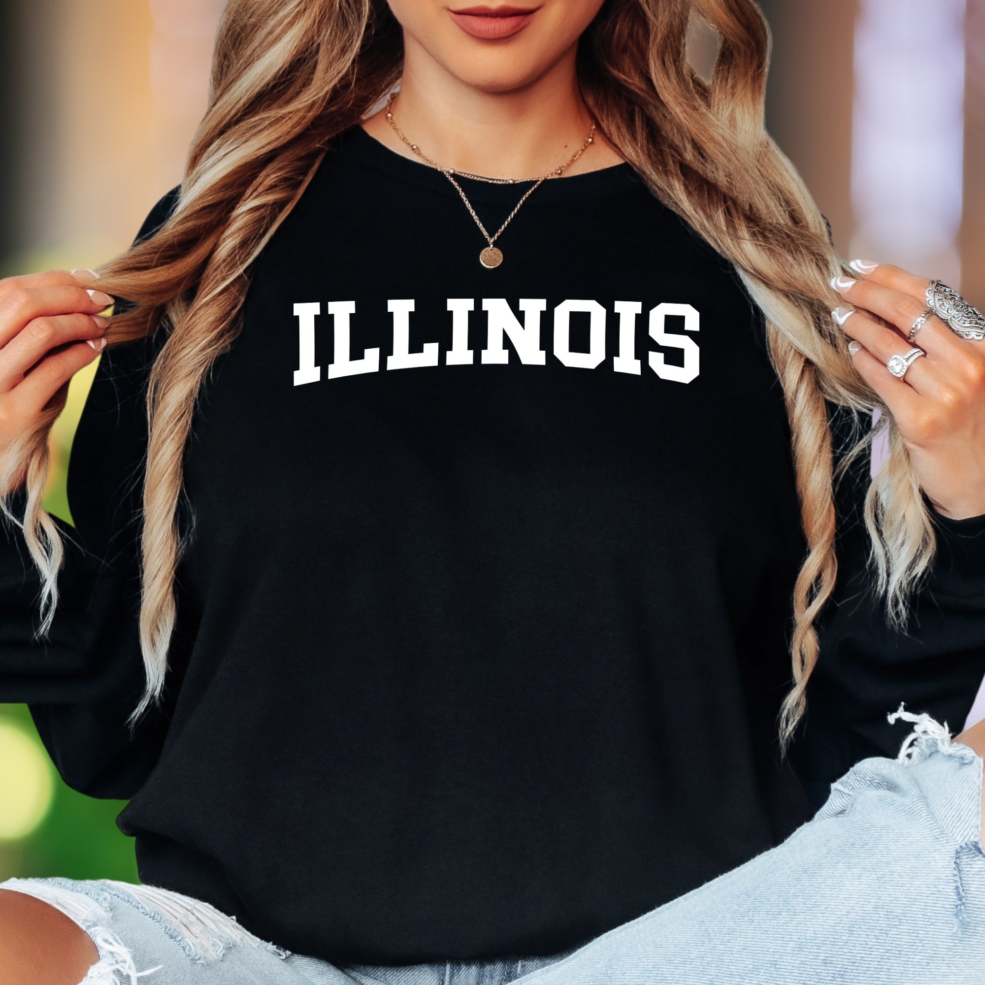 "ILLINOIS" | Collegiate Bold Typography Unisex Adult Long Sleeve T-Shirt | State Pride Lifestyle