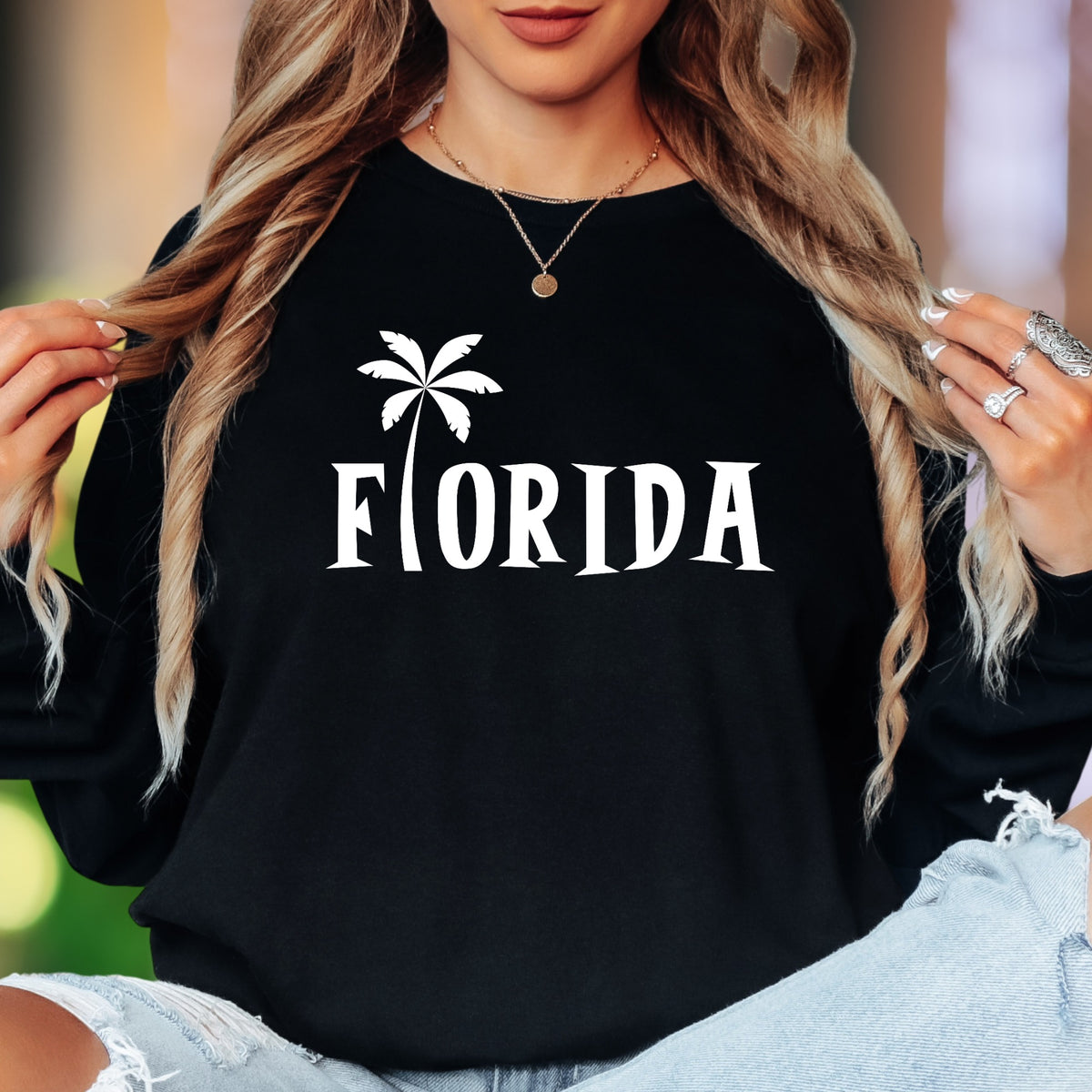 "Florida" | Palm Tree Typography Unisex Adult Long Sleeve T-Shirt | Travel & Lifestyle