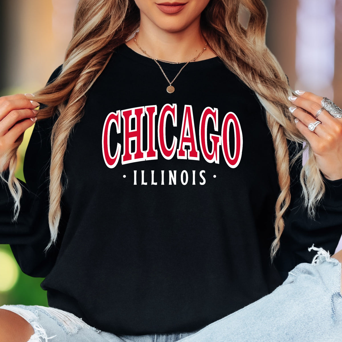 "CHICAGO • ILLINOIS" | Retro Typography Unisex Adult Long Sleeve T-Shirt | City Pride Apparel