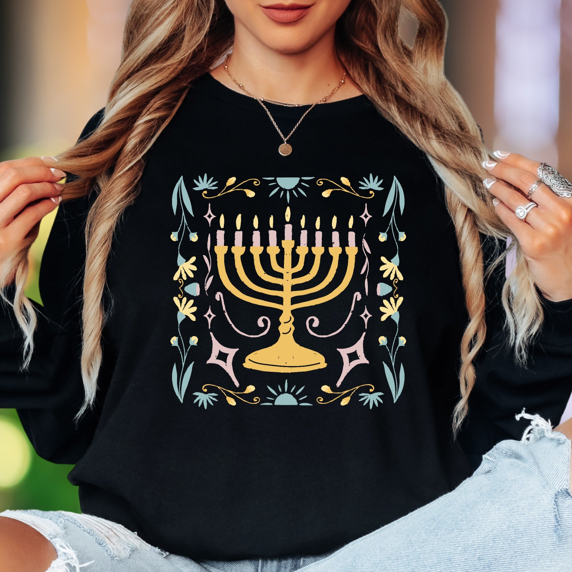 Minimalist Menorah | Floral Folk Art Unisex Adult Long Sleeve T-Shirt | Festive Lifestyle Secondary image
