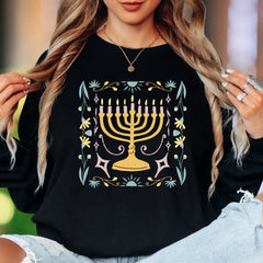 Minimalist Menorah | Floral Folk Art Unisex Adult Long Sleeve T-Shirt | Festive Lifestyle