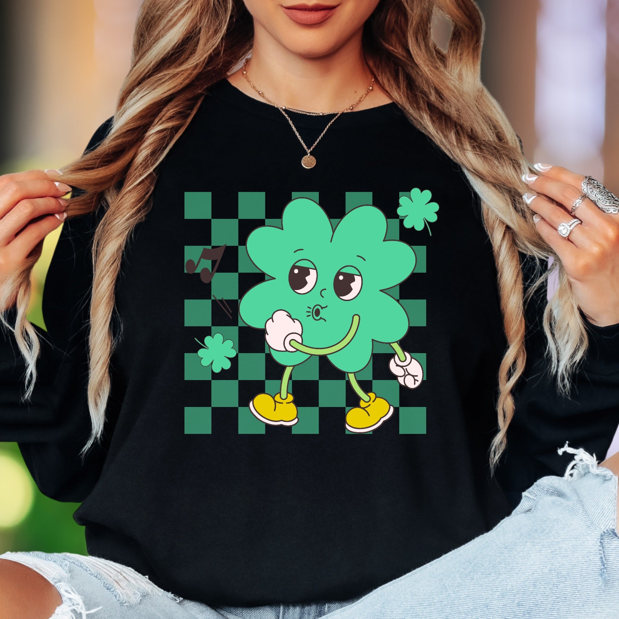"Groovy Shamrock" | Retro Checkerboard Unisex Adult Long Sleeve T-Shirt | Playful St. Patrick's Day Style Secondary image