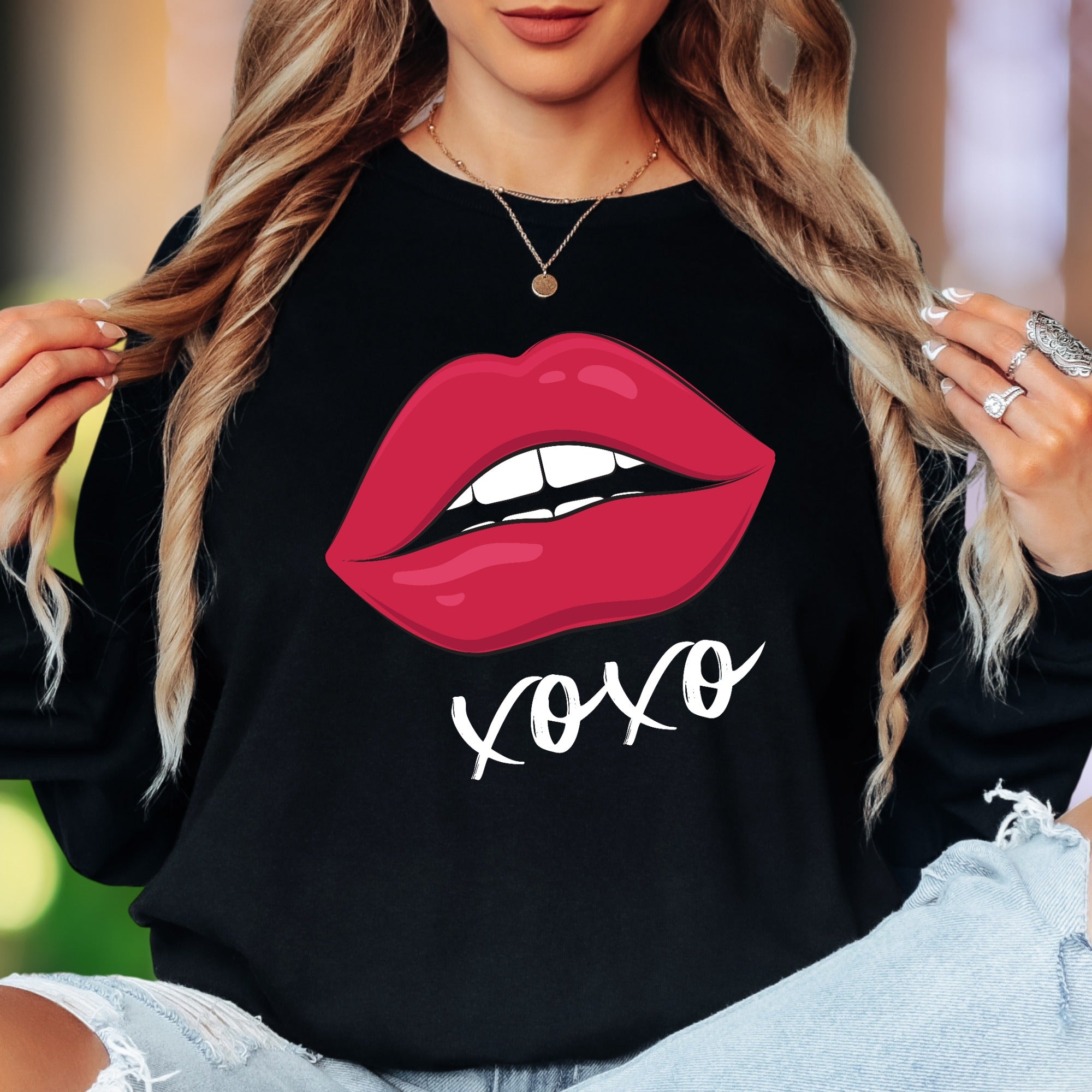 "XOXO" | Bold Lips Graphic Unisex Adult Long Sleeve T-Shirt | Affectionate Streetwear Secondary image