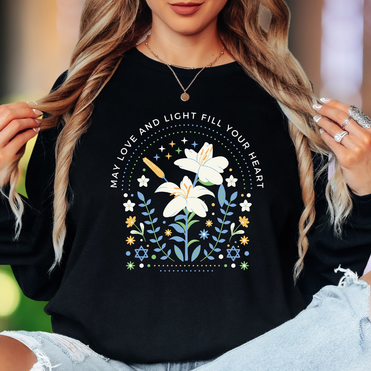 "May Love and Light Fill Your Heart" | Floral Motif Unisex Adult Long Sleeve T-Shirt | Positive Affirmation