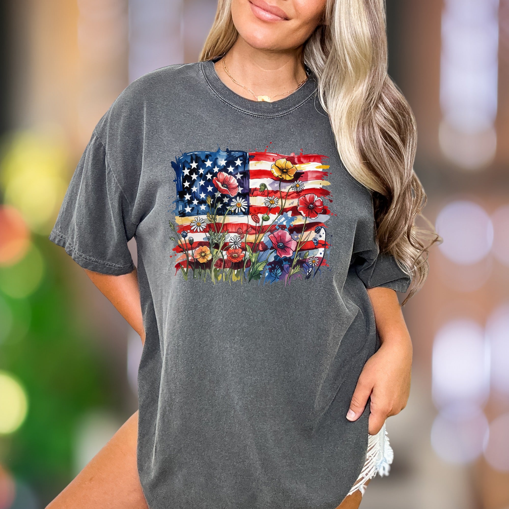Floral America Flag Watercolor | Comfort Colors Unisex Adult T-Shirt | Patriotic Bloom