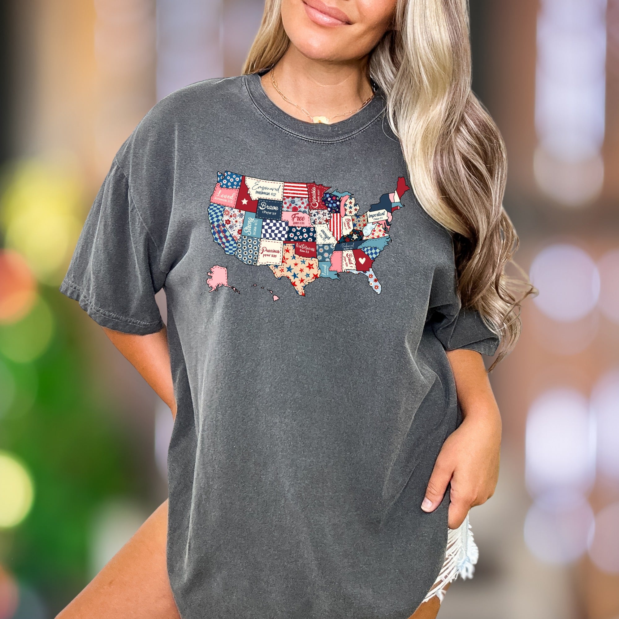 "Loved, Empowered, Brave, Free, Victorious" | Comfort Colors Unisex Adult T-Shirt | Patriotic Quilt Map Style