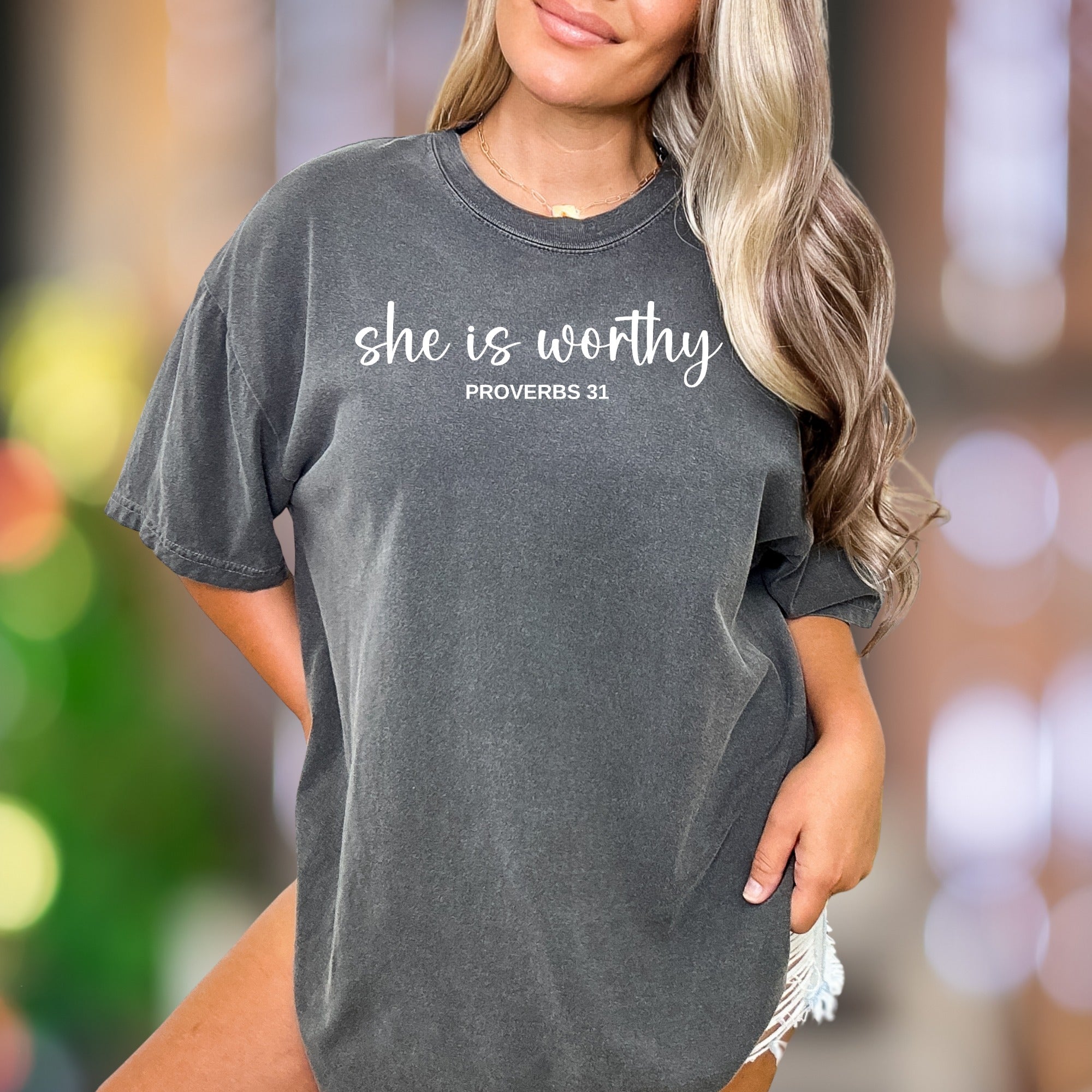 "she is worthy PROVERBS 31" | Comfort Colors Unisex Adult T-Shirt | Empowering Faith Tee