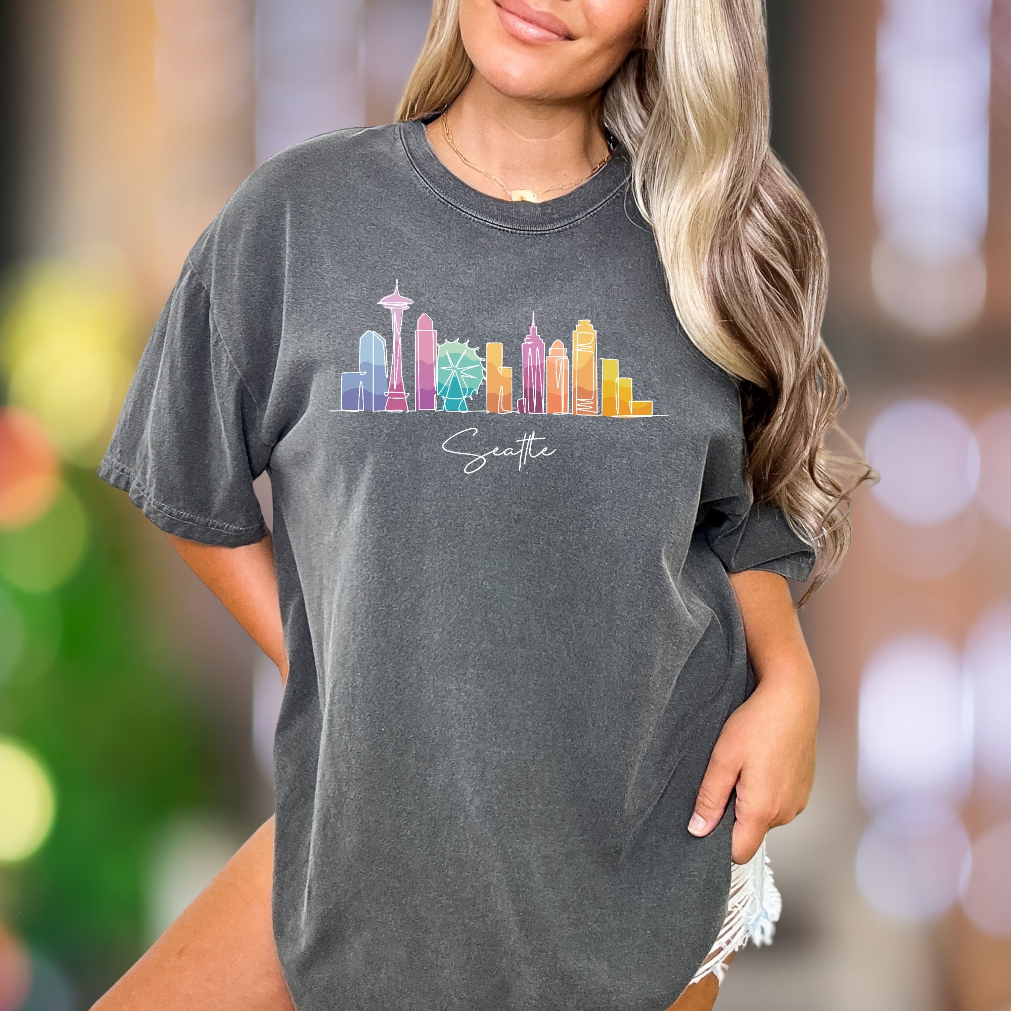Seattle Skyline Comfort Colors T-Shirt - Cityscape Art, Washington Souvenir Tee
