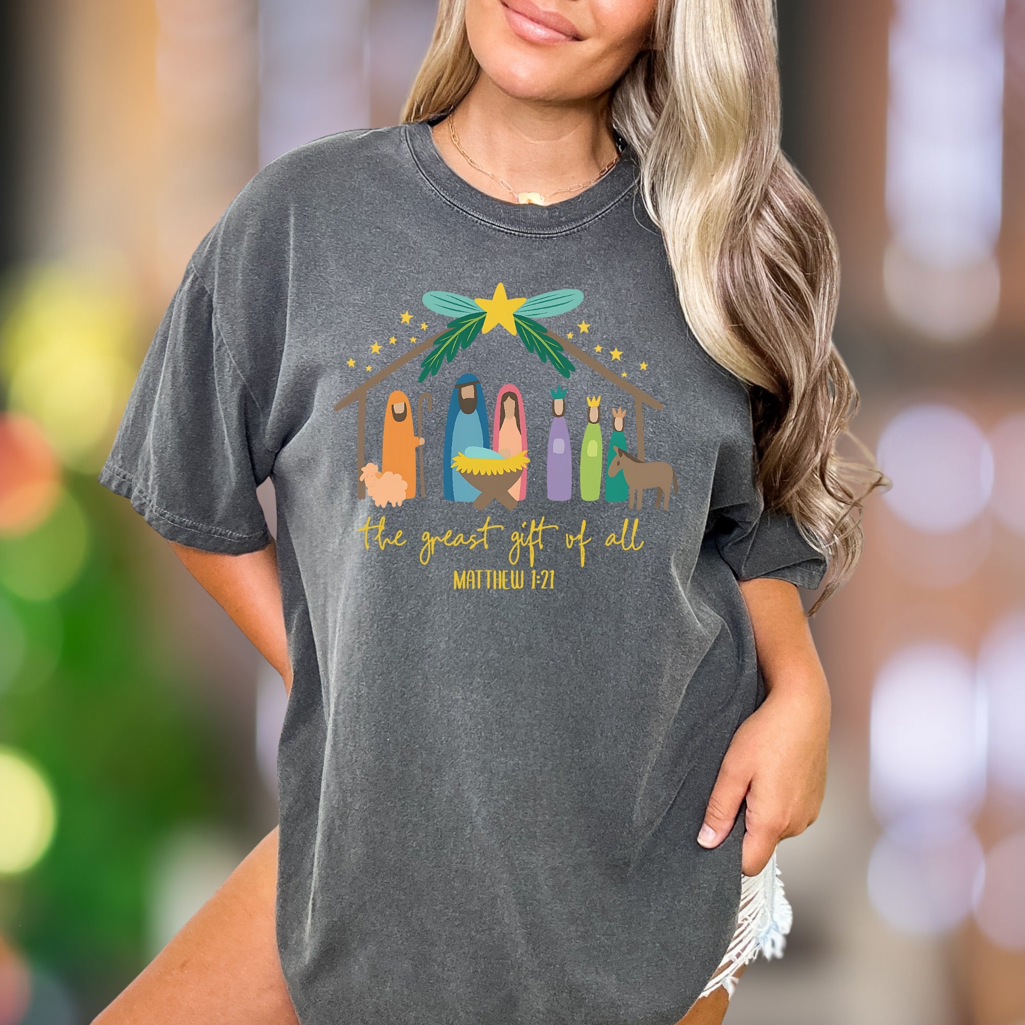 "the greast gift of all MATTHEW 1-21" | Comfort Colors Unisex Adult T-Shirt | Nativity Scene Graphic Tee