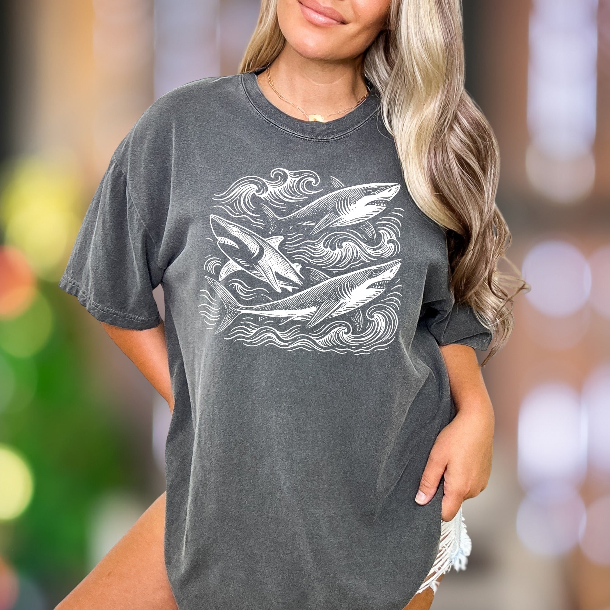 Ocean Waves & Sharks Sketch | Comfort Colors Unisex Adult T-Shirt | Coastal Lifestyle