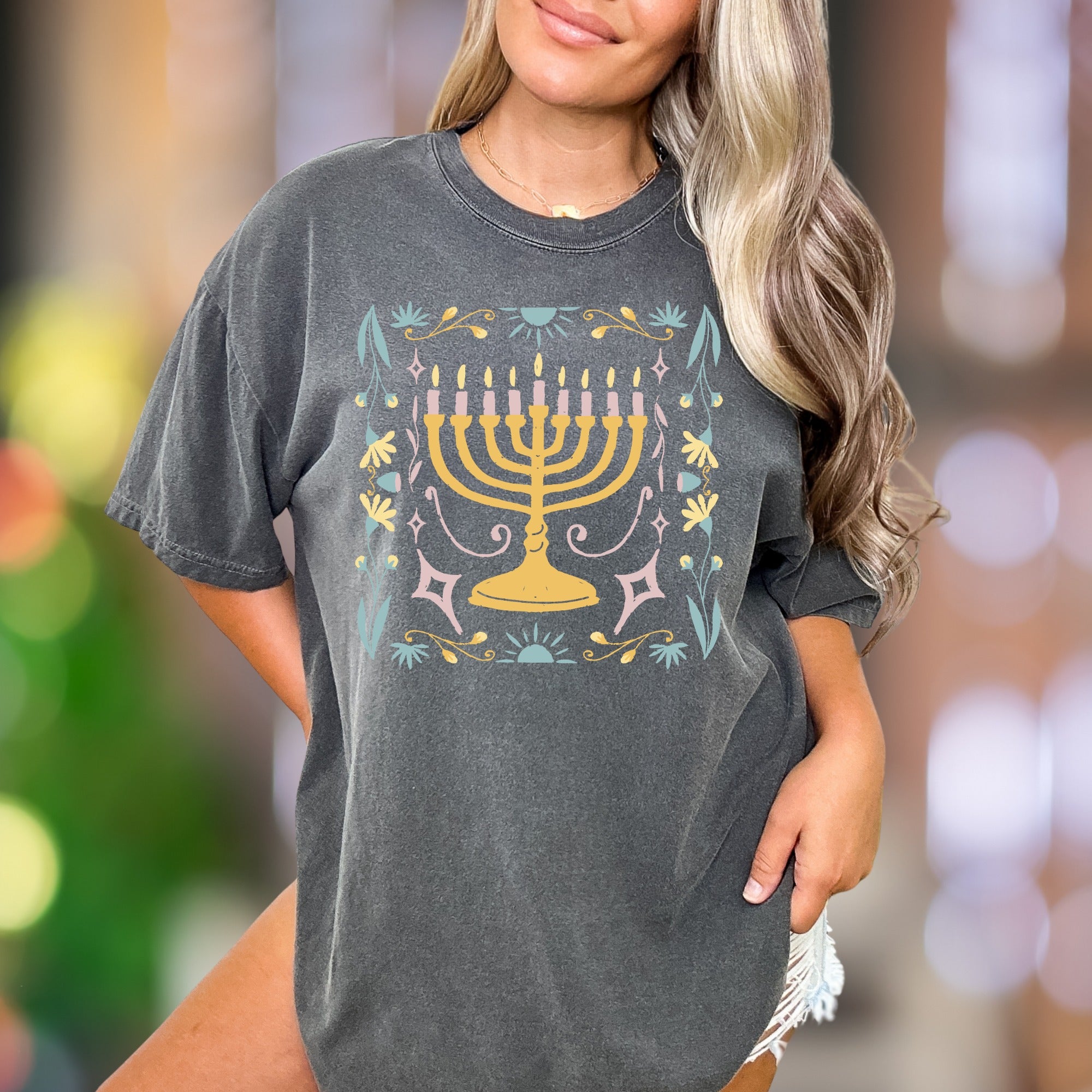 Floral Menorah | Comfort Colors Unisex Adult T-Shirt | Festive Holiday Style
