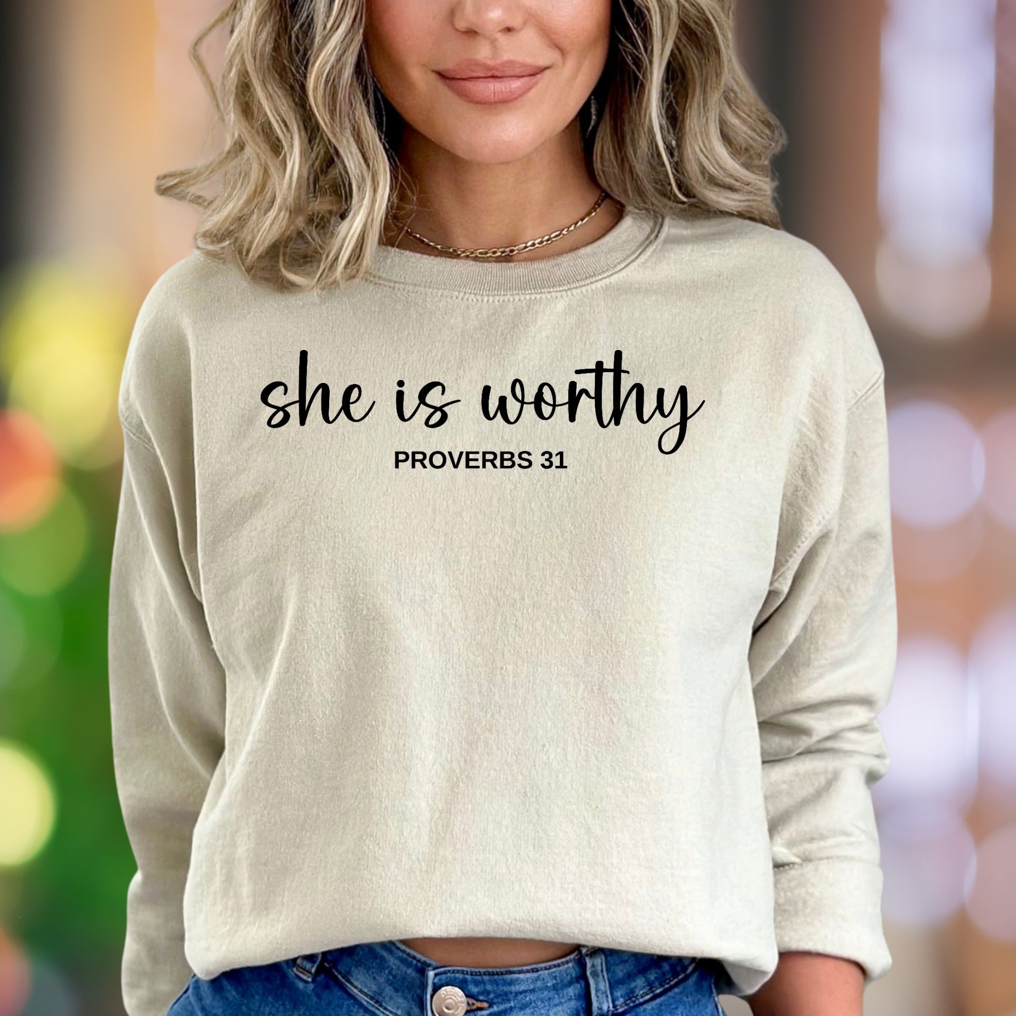 "She Is Worthy - Proverbs 31" | Script Typography Unisex Adult Sweatshirt | Inspirational Lifestyle