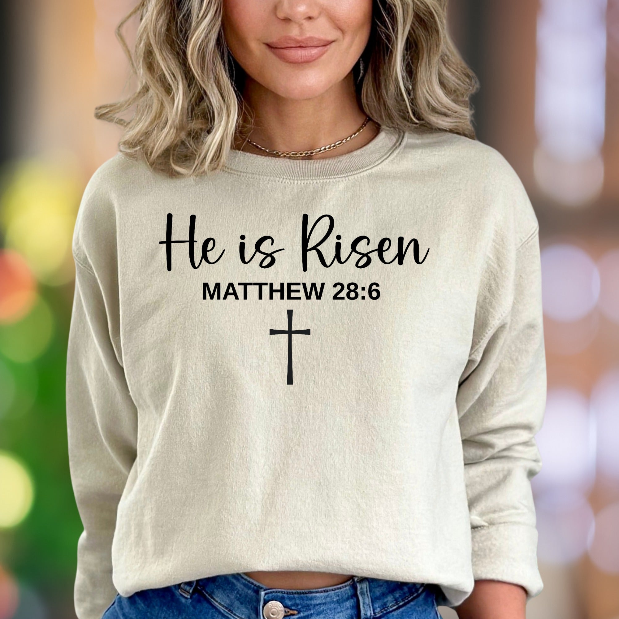 "He is Risen Matthew 28:6" | Script Typography Unisex Adult Sweatshirt | Inspirational Lifestyle