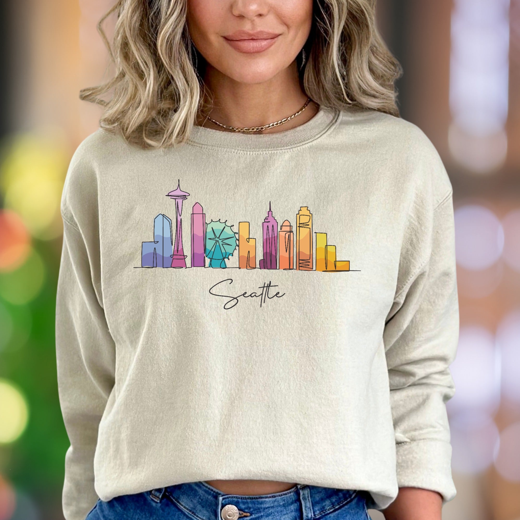 "Seattle" | Watercolor Skyline Unisex Adult Sweatshirt | City Travel Apparel