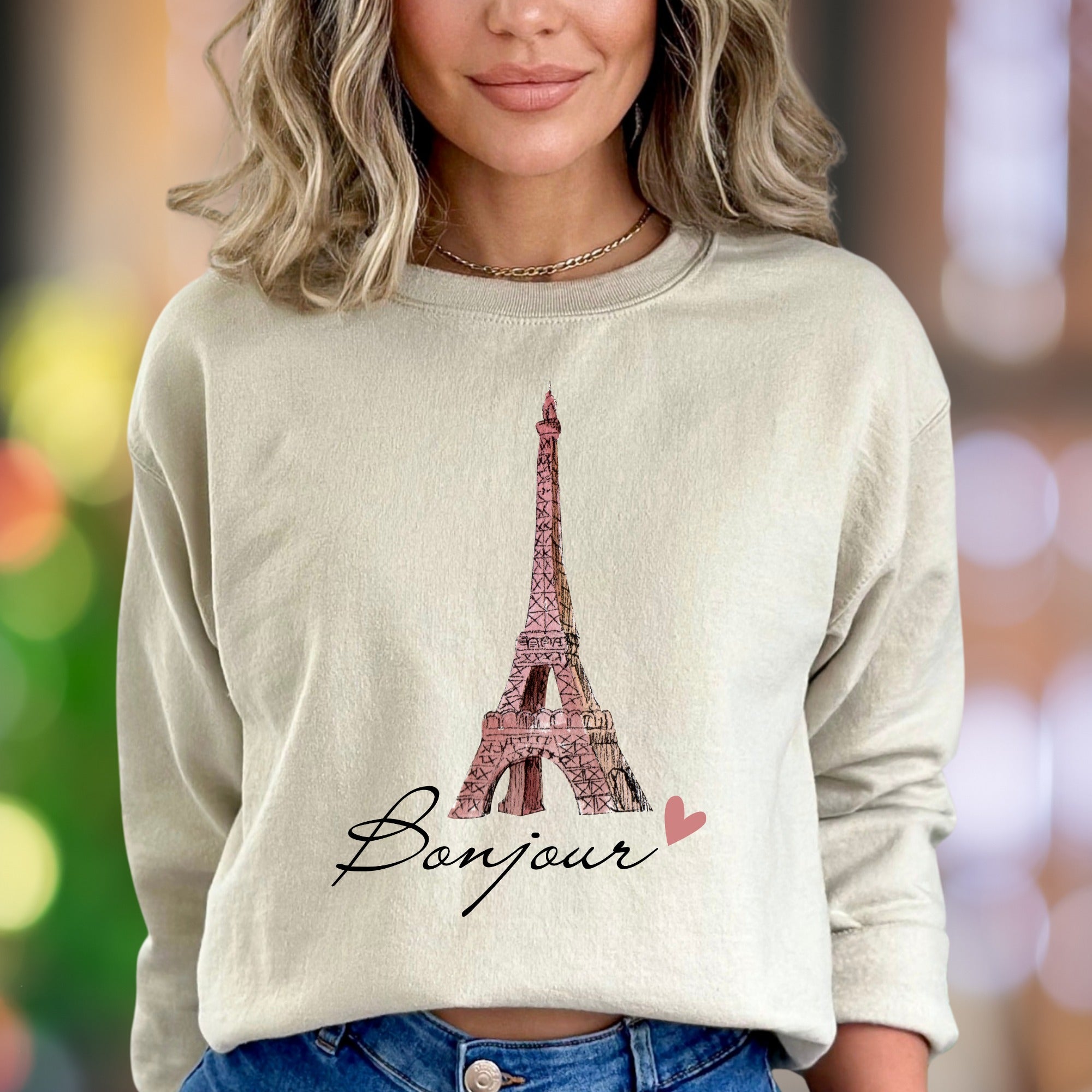 "Bonjour" | Parisian Eiffel Tower Unisex Adult Sweatshirt | Travel & Lifestyle