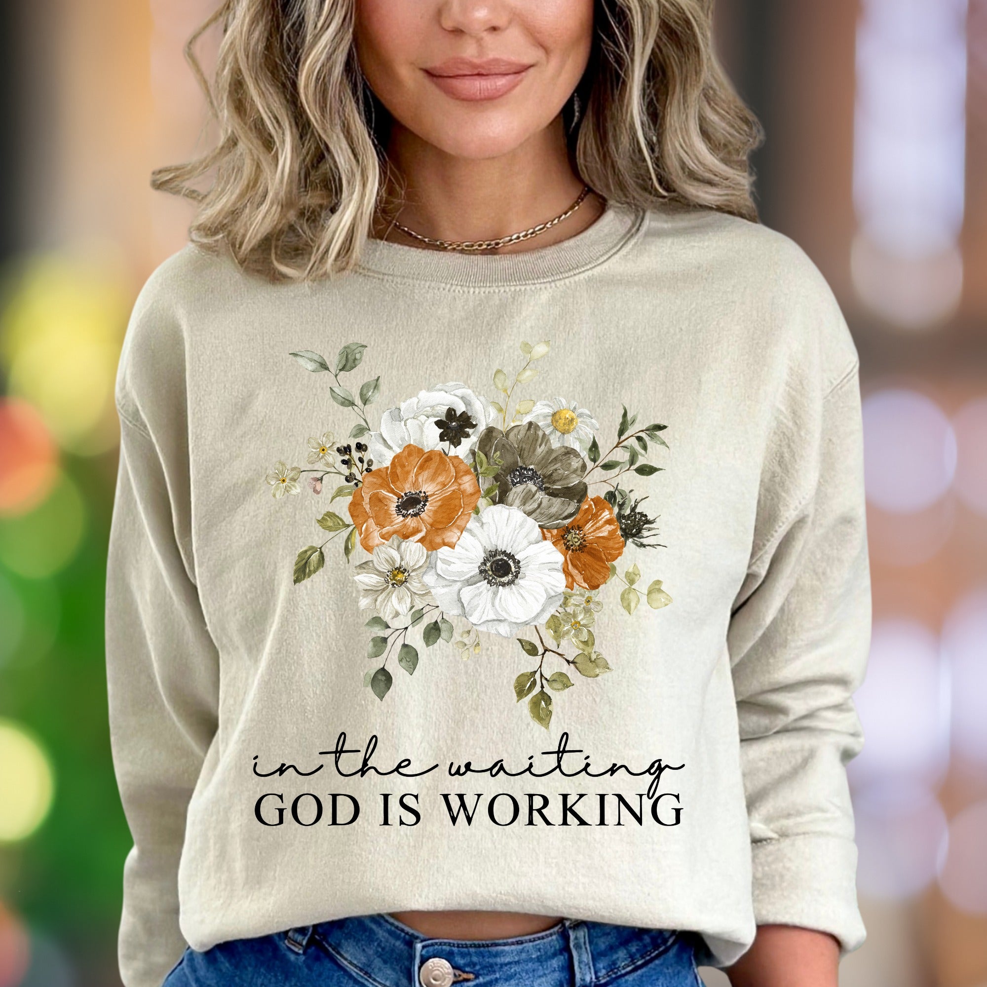 "In The Waiting God Is Working" | Floral Typography Unisex Adult Sweatshirt | Inspirational Lifestyle