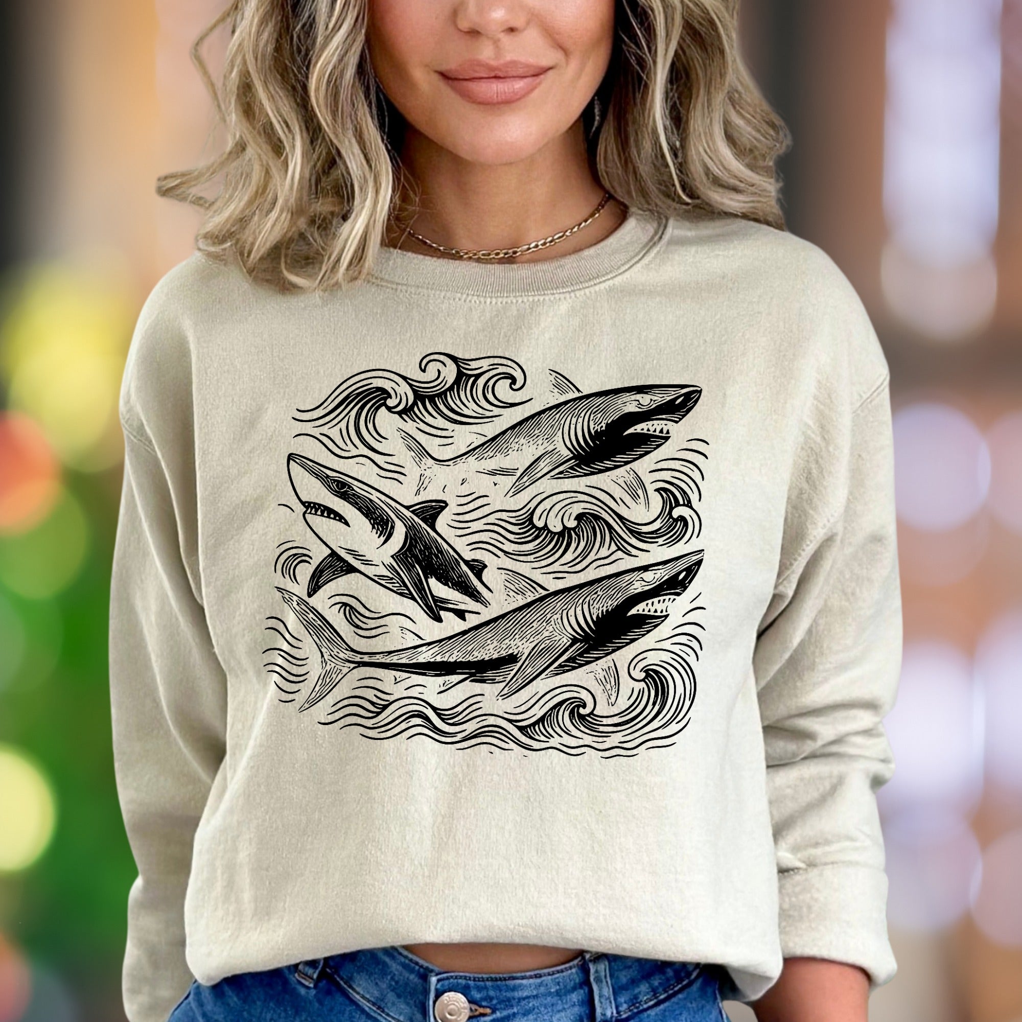 "Ocean Waves & Sharks" | Retro Nature Unisex Adult Sweatshirt | Ocean Lifestyle