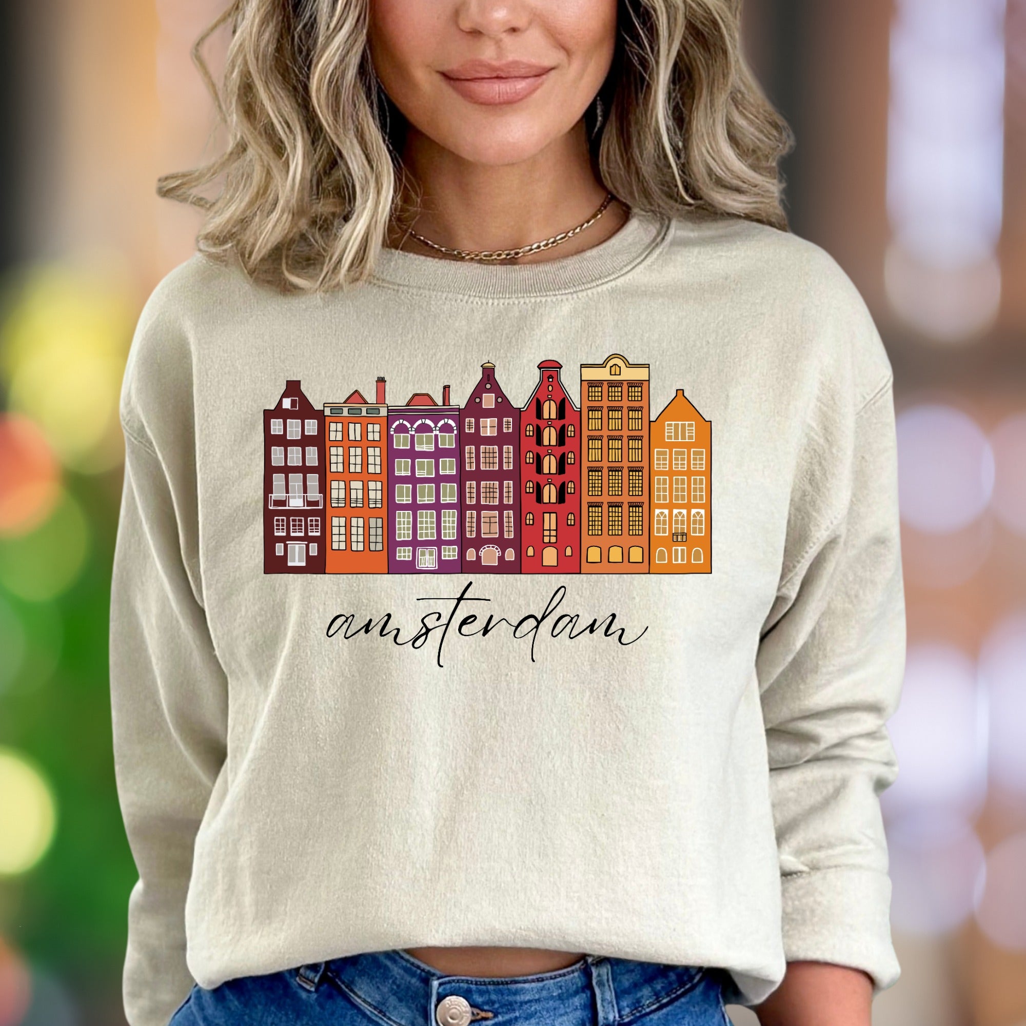 "Amsterdam" | Cityscape Graphic Unisex Adult Sweatshirt | Travel Lifestyle Apparel