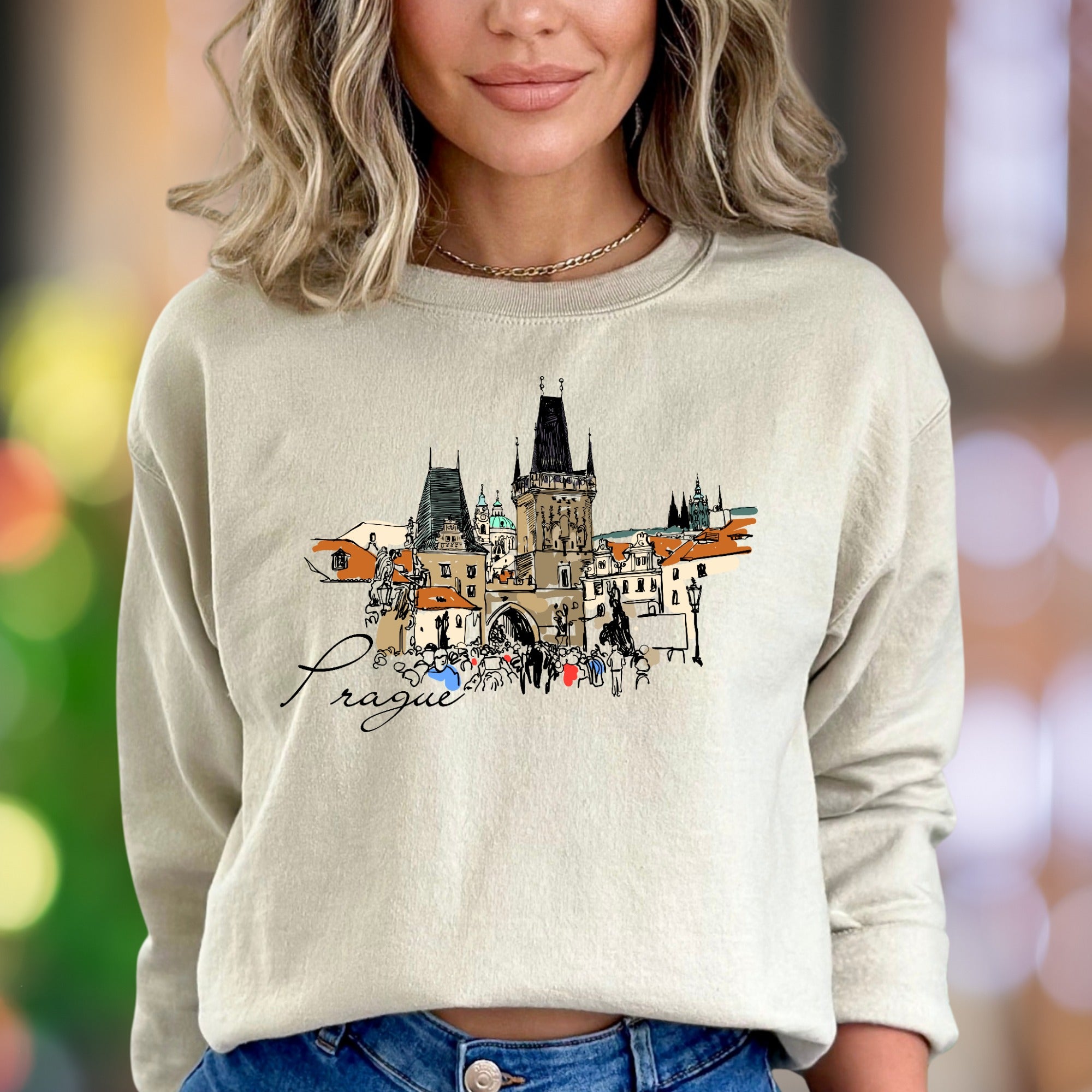 "Prague" | Line Art Cityscape Unisex Adult Sweatshirt | Travel Lifestyle