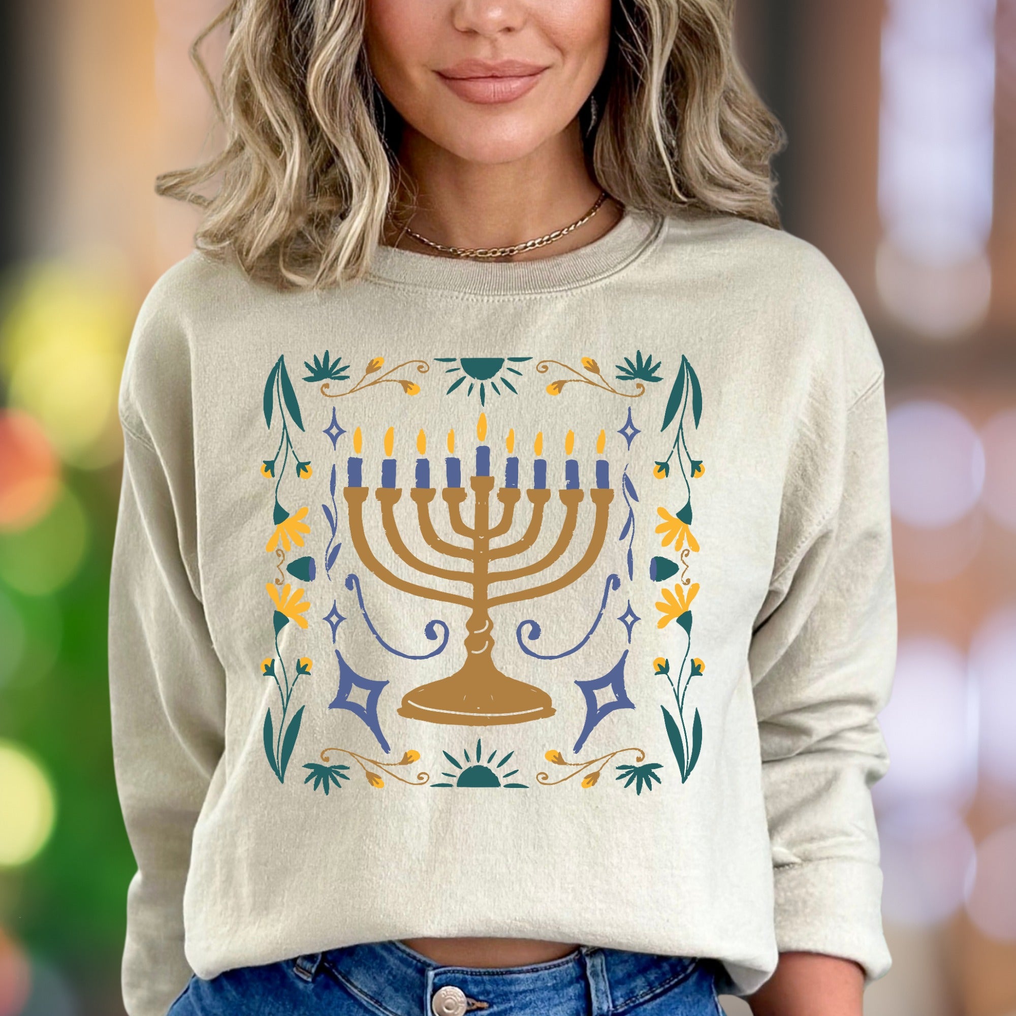 Minimal Menorah Floral Unisex Adult Sweatshirt | Festive Lifestyle Apparel