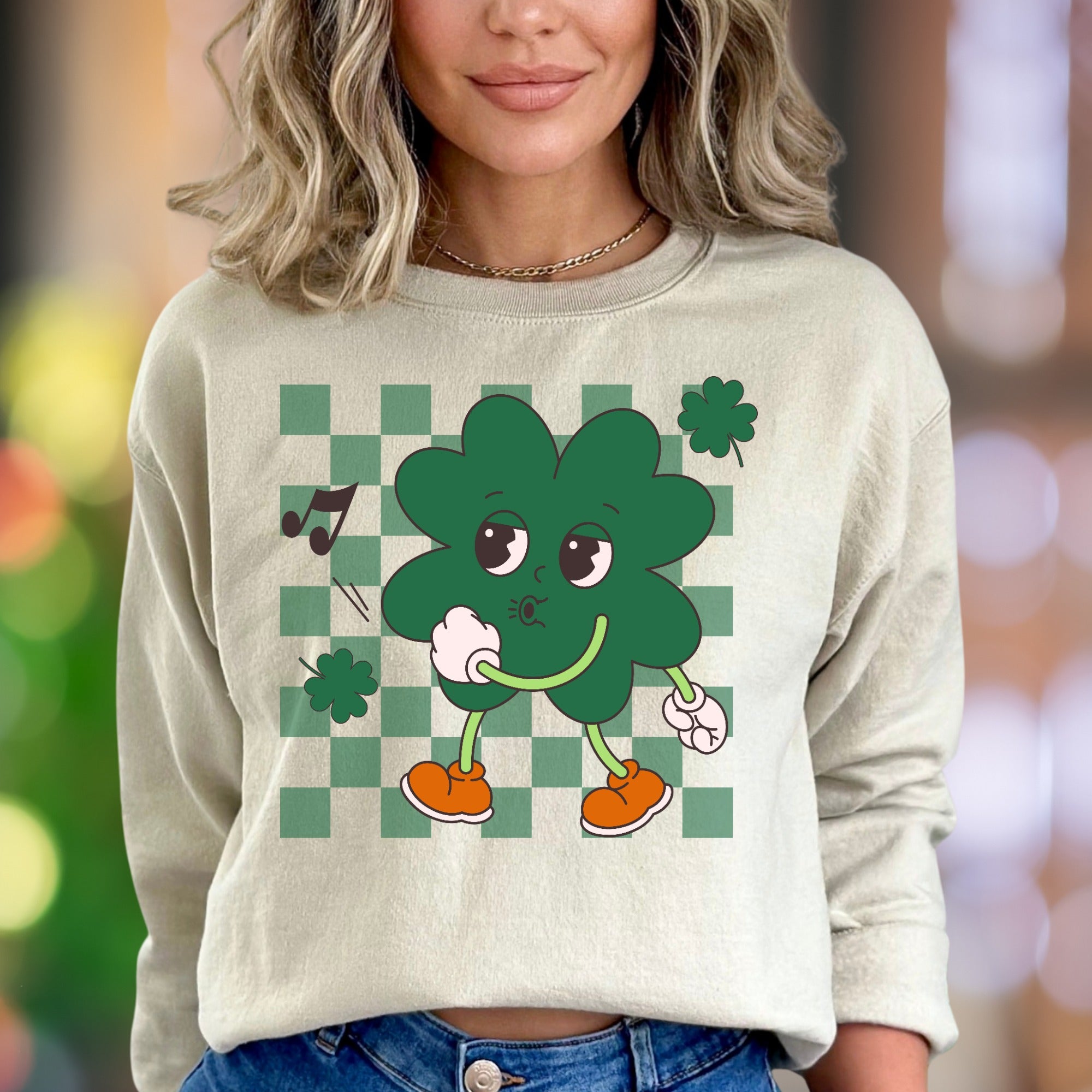 "Whistling Shamrock Character" | Retro Cartoon Unisex Adult Sweatshirt | Playful Lifestyle
