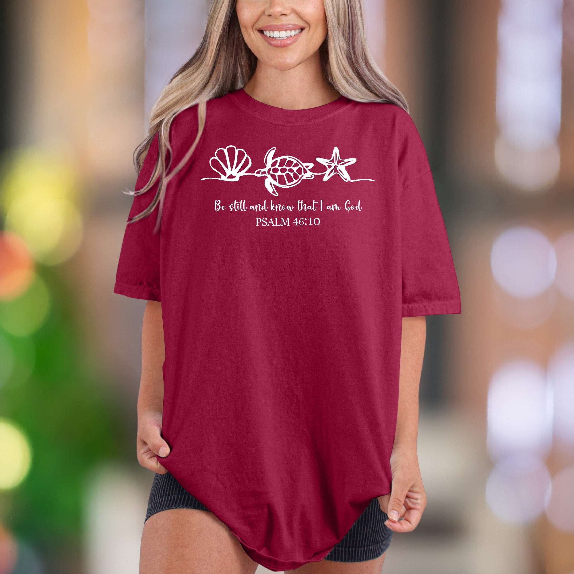 "Be Still and Know That I Am God" | Comfort Colors Unisex Adult T-Shirt | Seashell Turtle Starfish Design