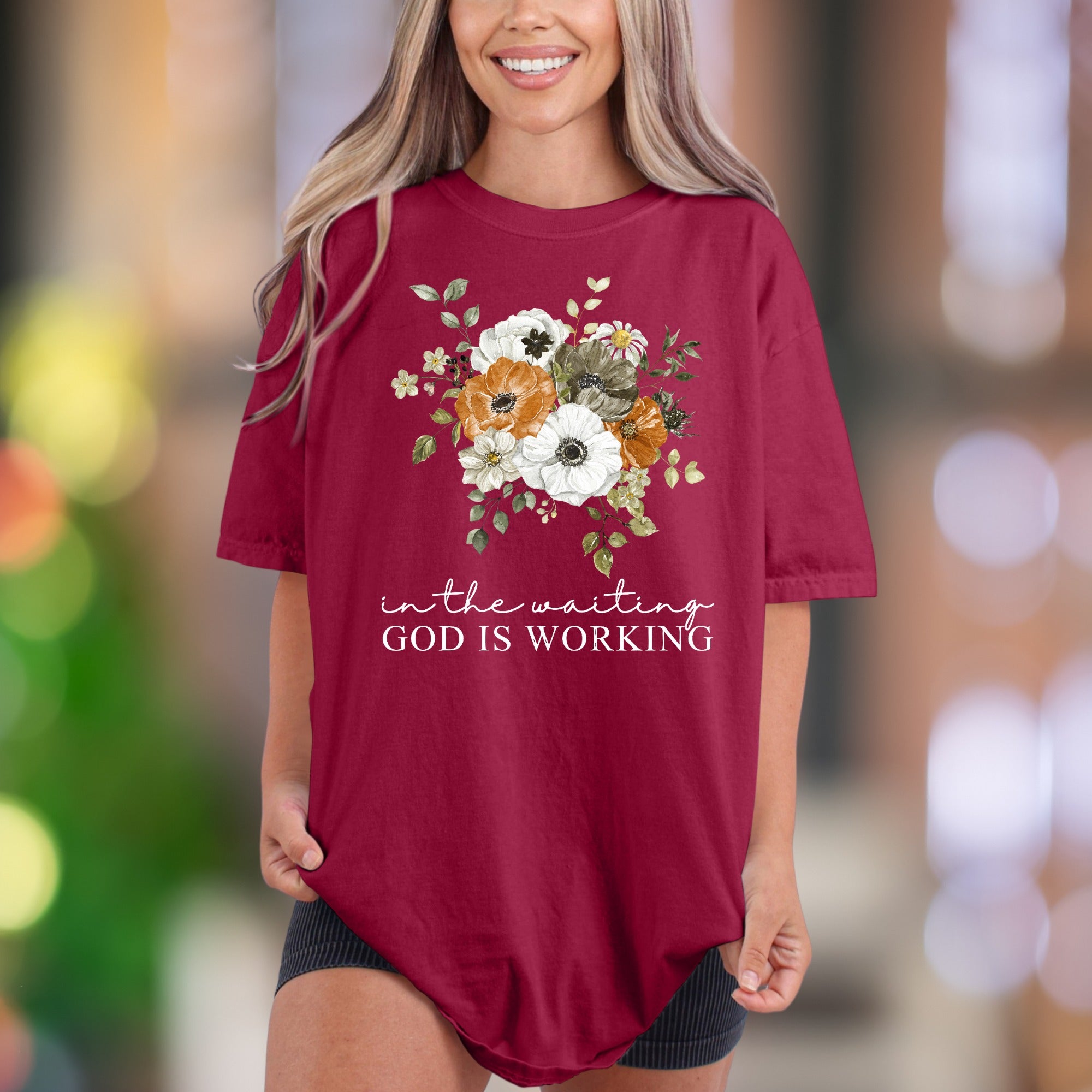 "In The Waiting God Is Working" | Comfort Colors Unisex Adult T-Shirt | Floral Motivational Style