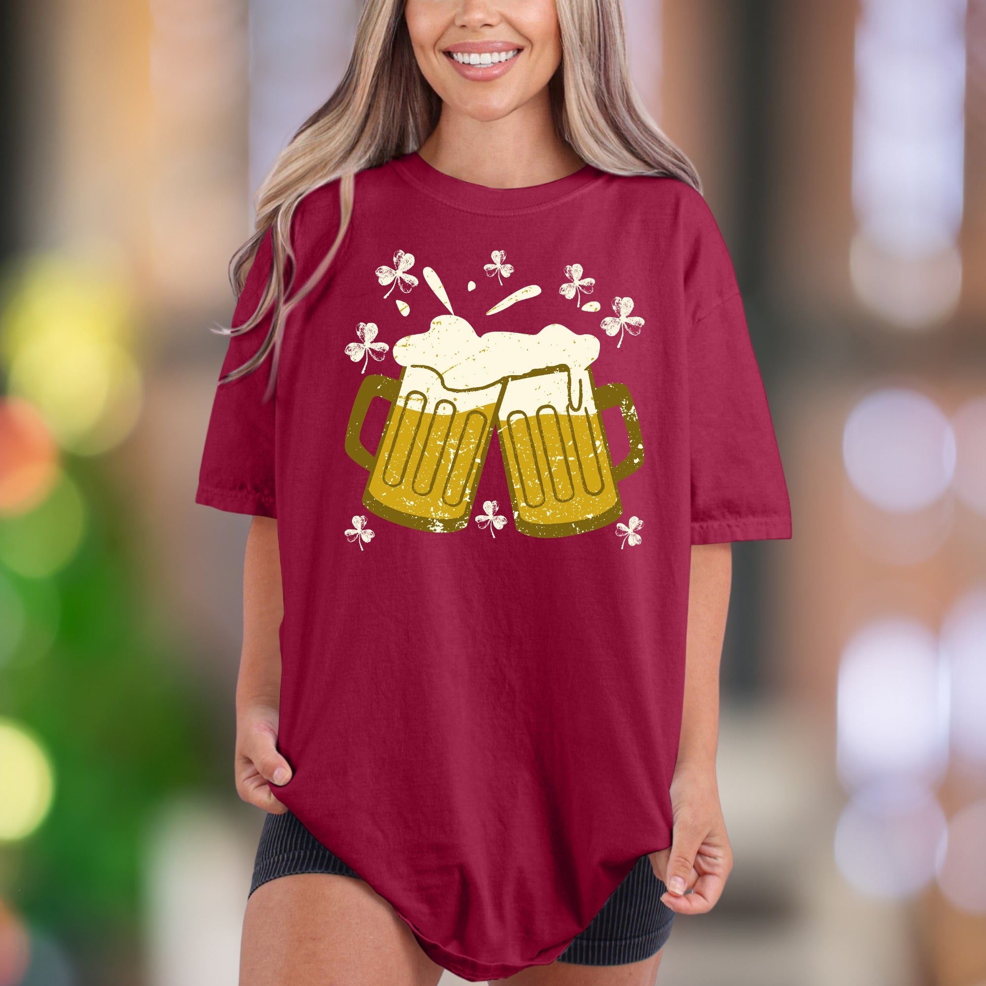 Sláinte! Cheers Beer Mugs with Shamrocks | Comfort Colors Unisex Adult T-Shirt | Distressed St. Patrick's Day Style