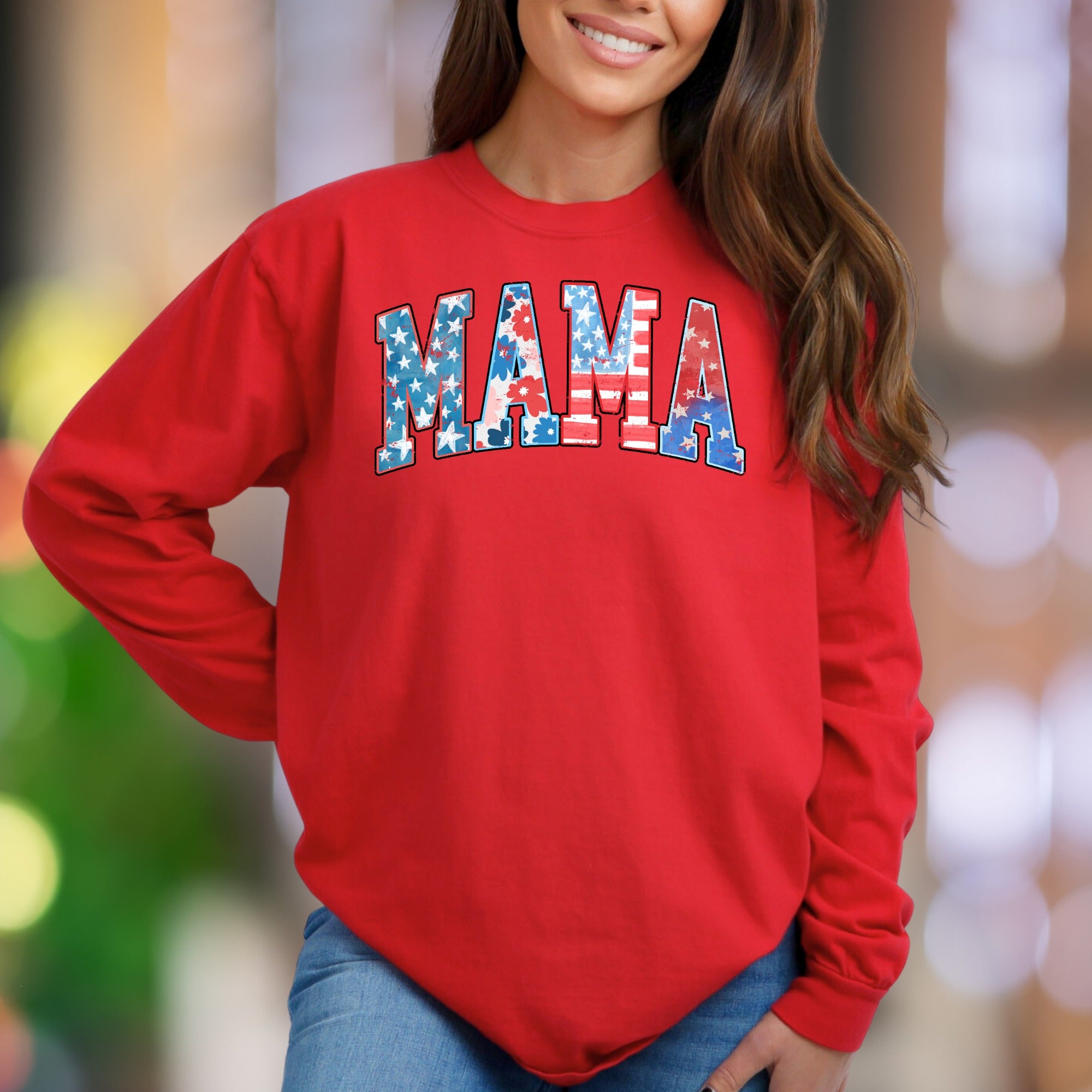 "MAMA" | Patriotic Floral & Stars Unisex Adult Sweatshirt | Motherhood Lifestyle